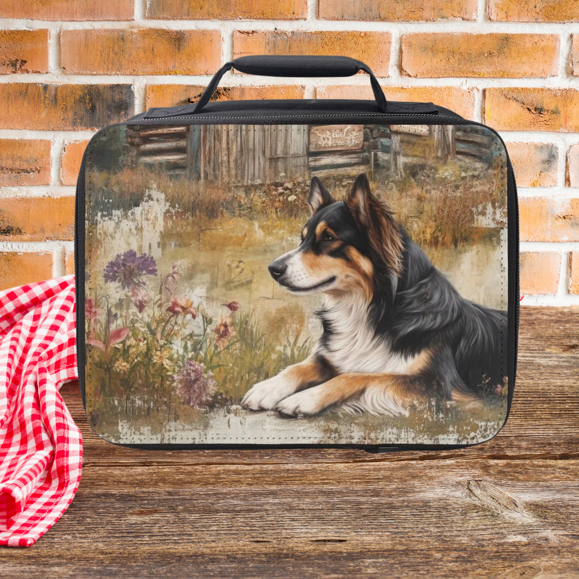  insulated lunch bag with a country dog design on a wooden picnic table and brick wall background