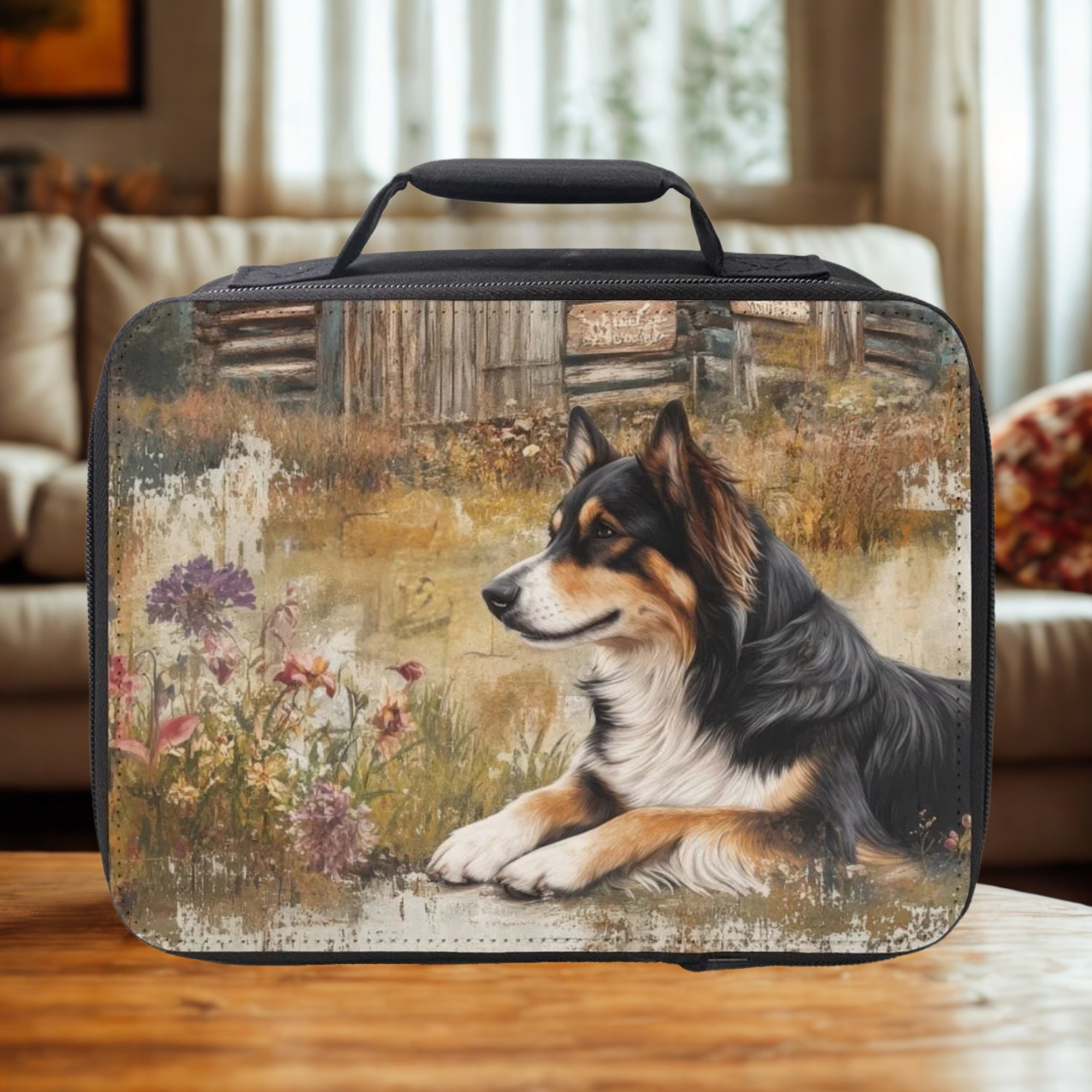  insulated lunch bag with a Shetland sheep dog design on a wooden coffee table in a cozy living room