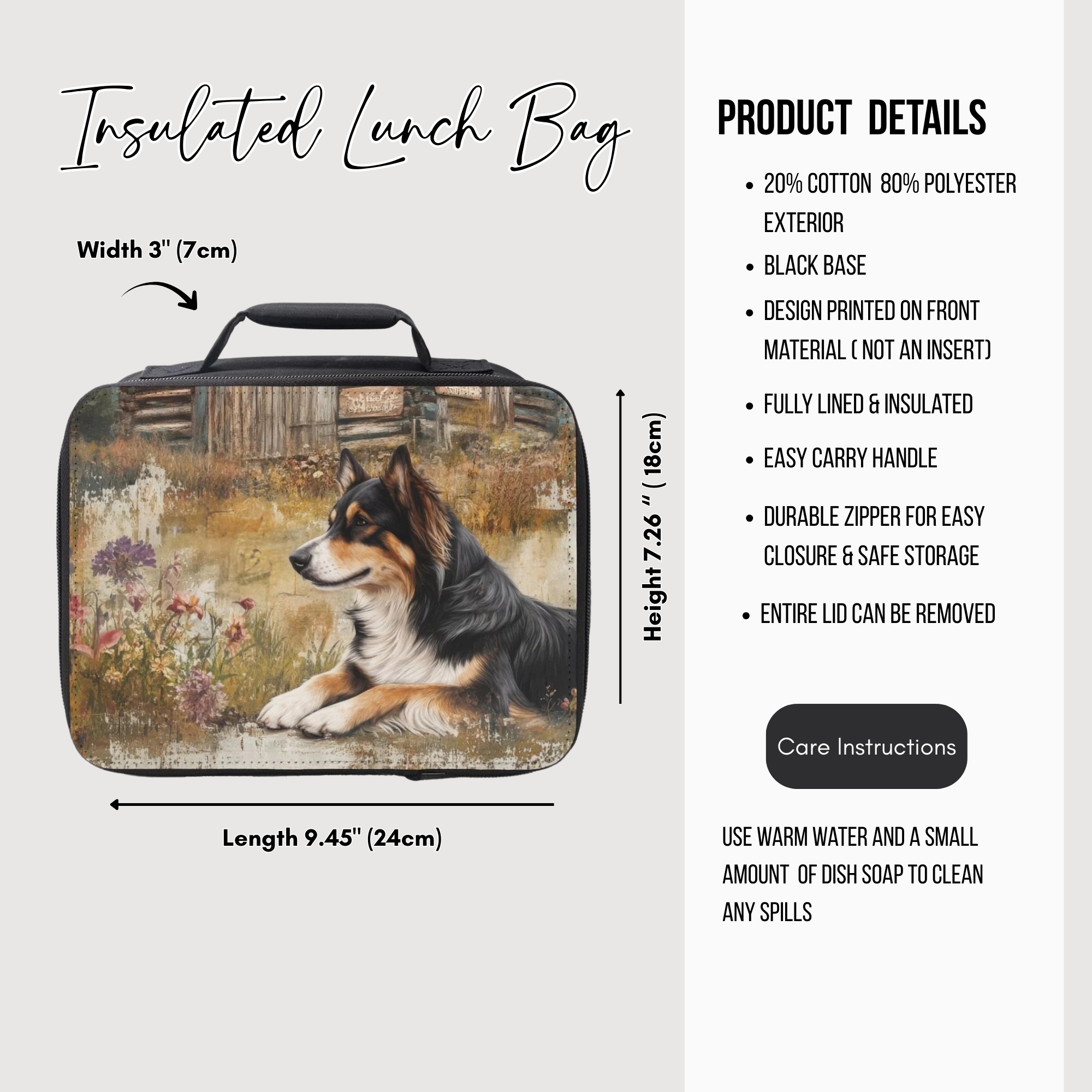 Insulated lunch bag with a dog design, featuring dimensions and product details on a white background.