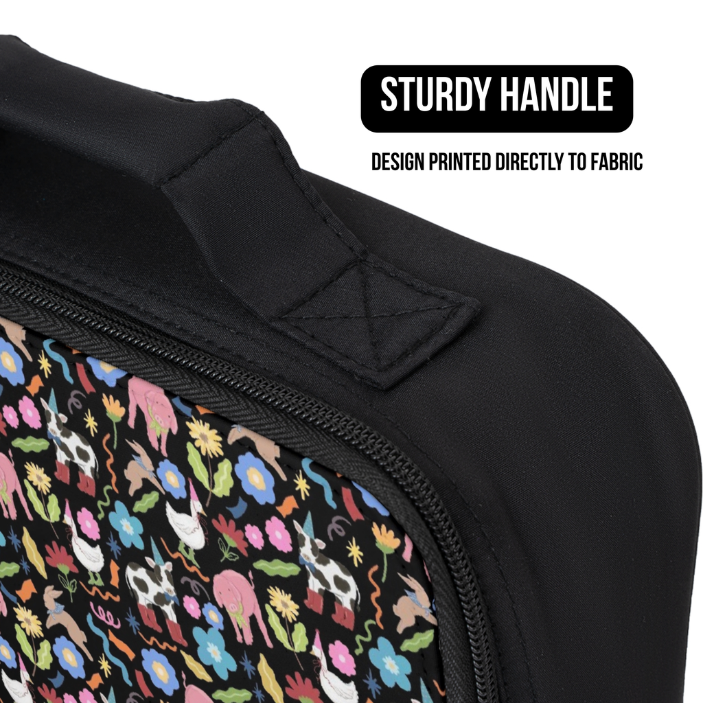 Black lunch bag with colorful animal pattern and sturdy handle feature