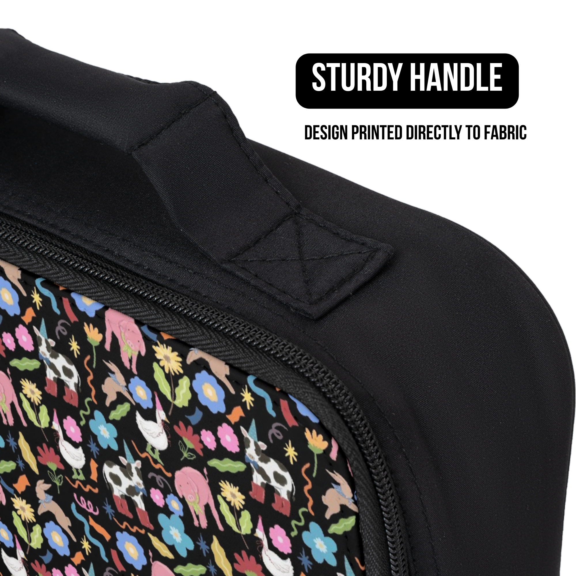 Black lunch bag with colorful animal pattern and sturdy handle feature