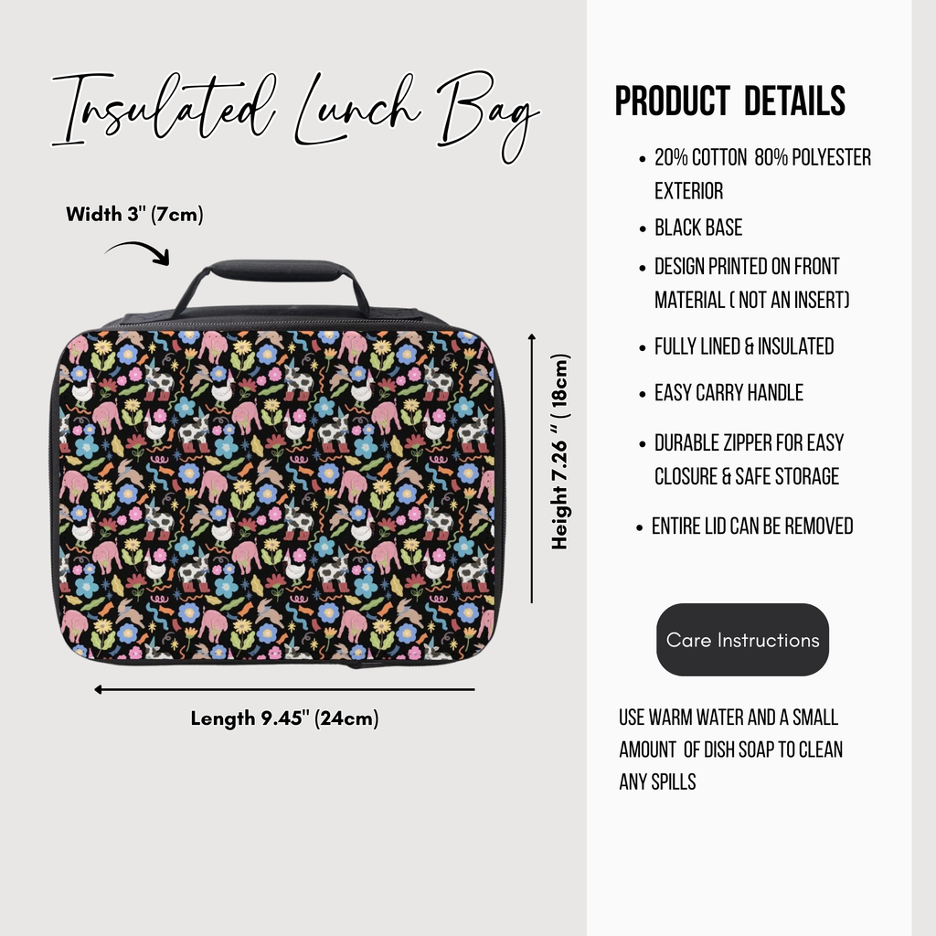 Insulated lunch bag with hand drawn floral and farm animal pattern and product details on a white background