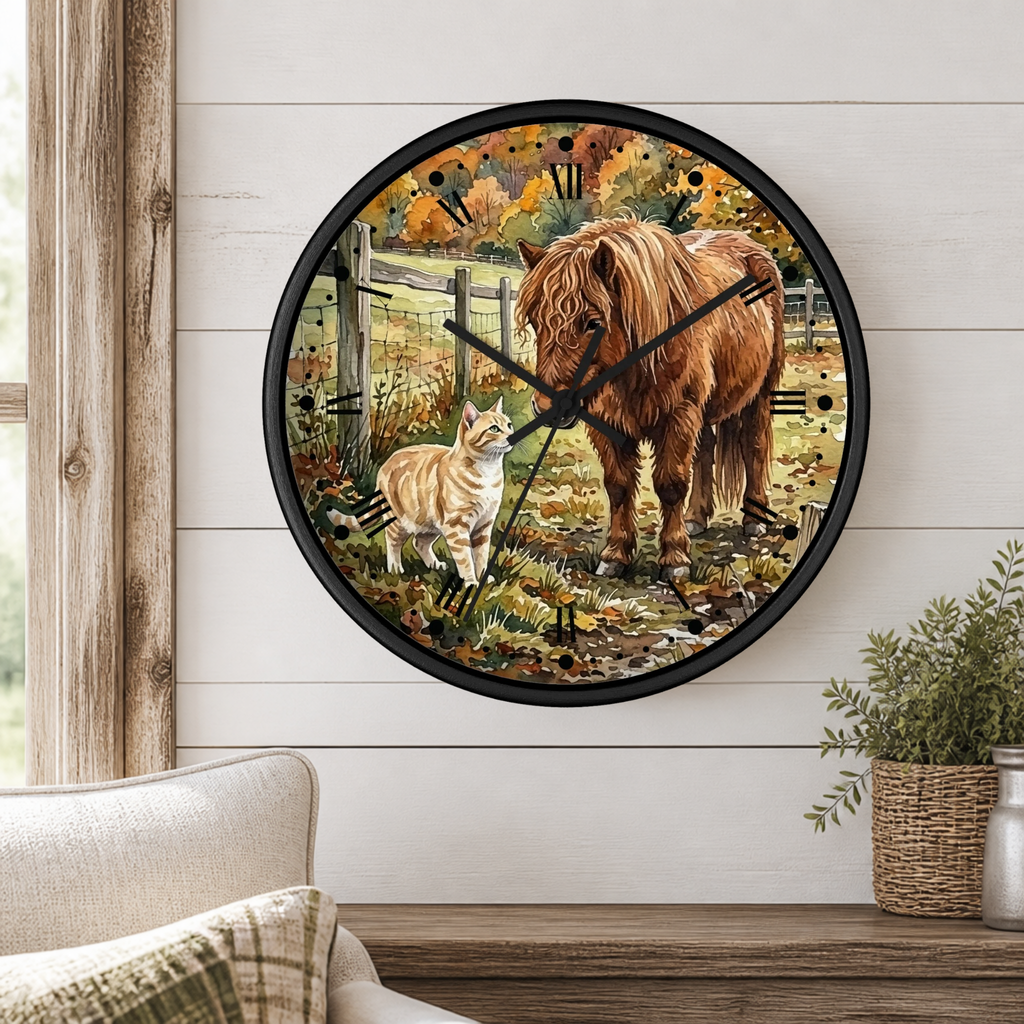 A round wall clock with a black frame hangs on a white shiplap wall above a wooden table. The clock face features a watercolor-style illustration of a brown horse and a tabby cat in an autumn field.