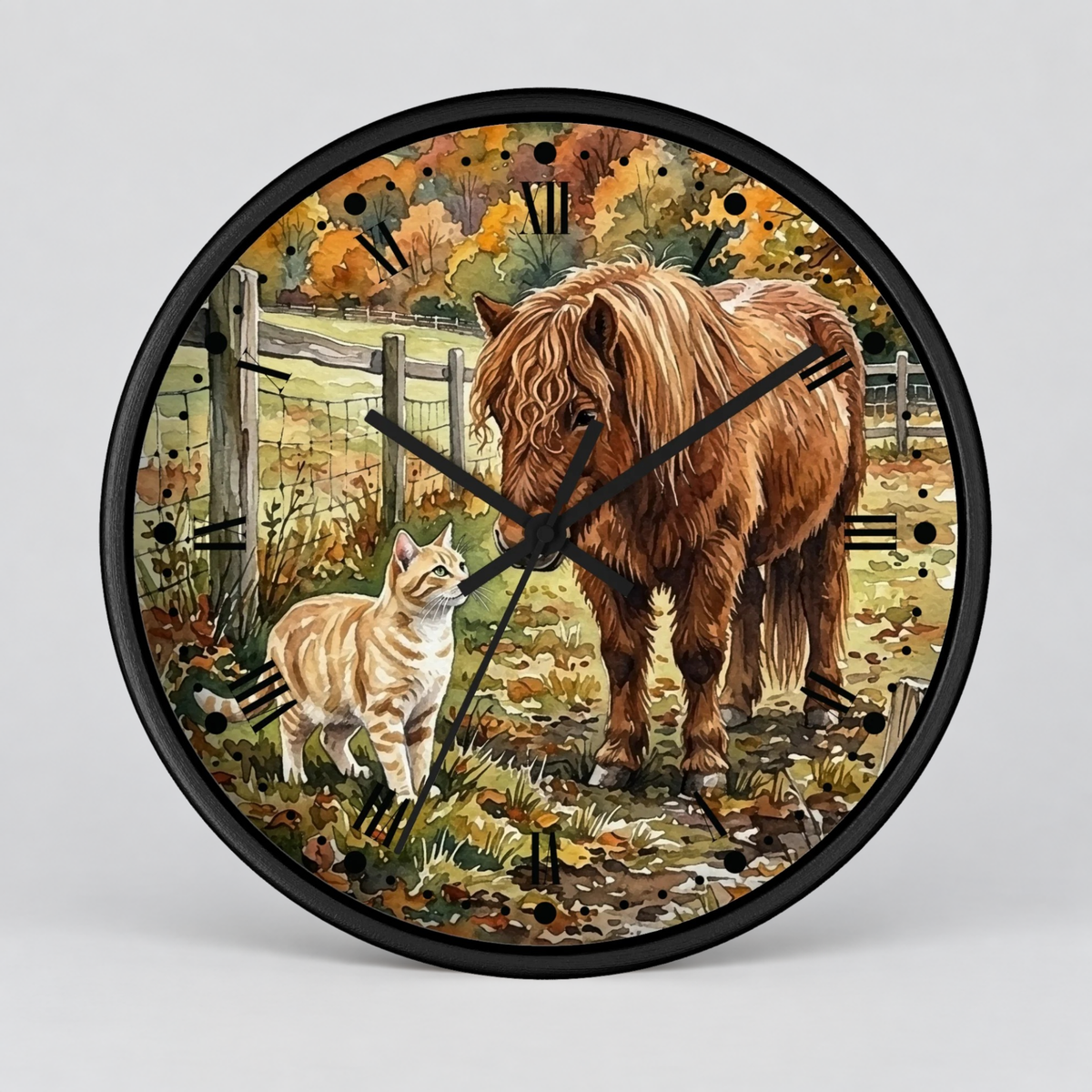 Pony and Tabby Cat Farmhouse Wood Wall Clock