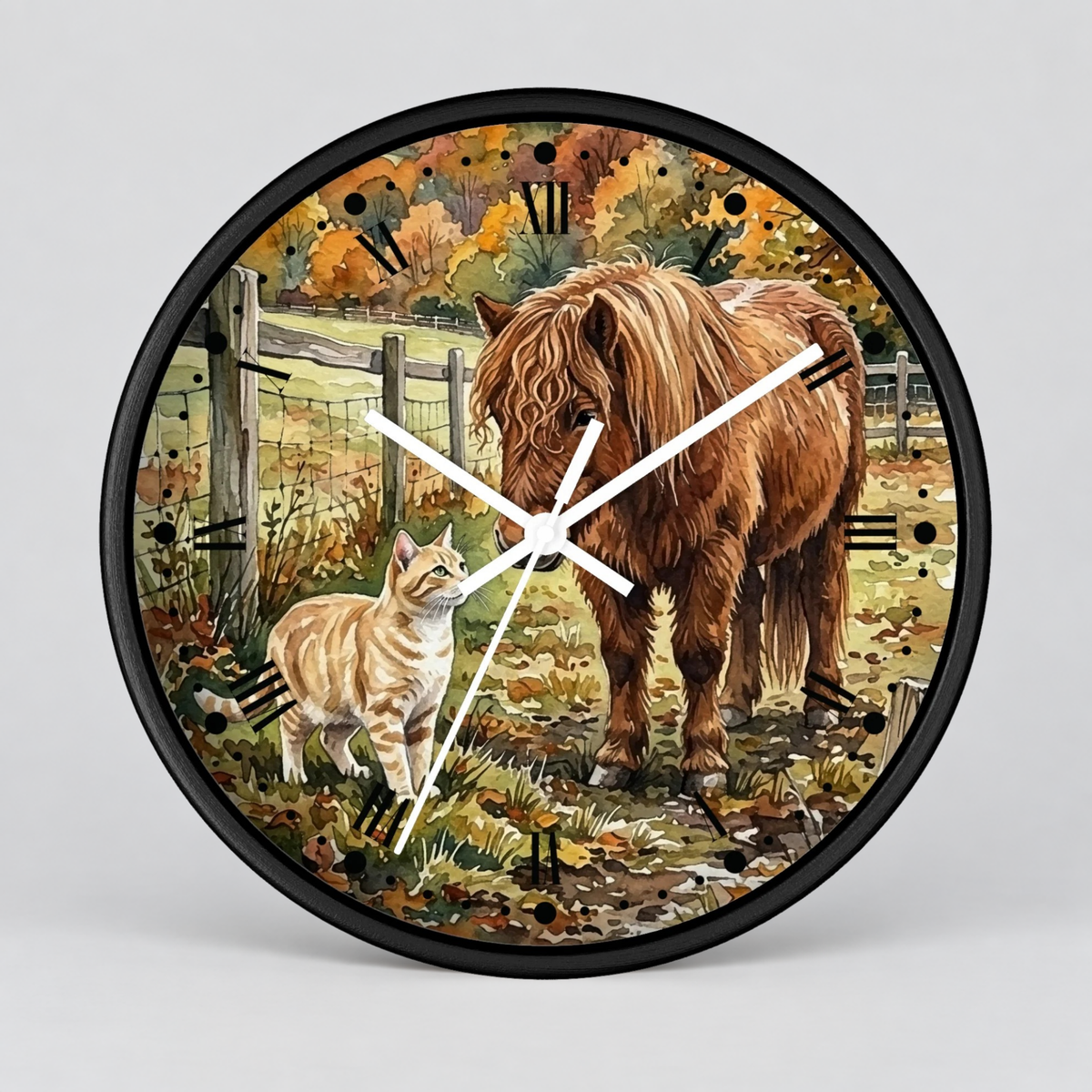 Pony and Tabby Cat Farmhouse Wood Wall Clock