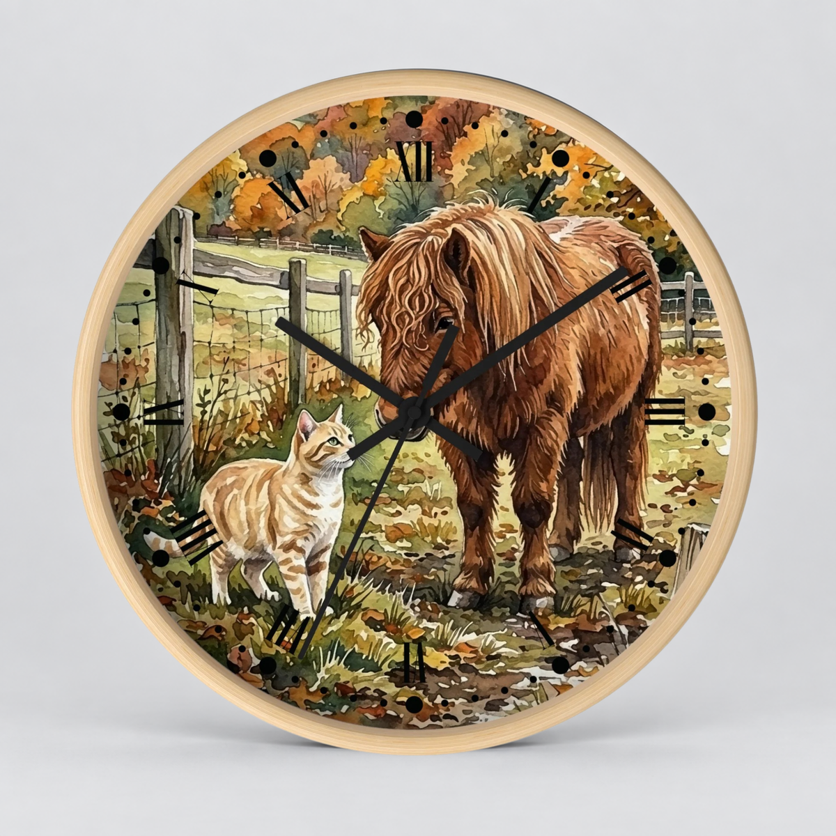 Pony and Tabby Cat Farmhouse Wood Wall Clock