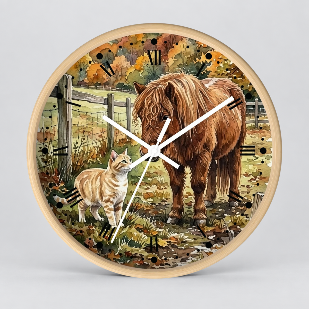 Pony and Tabby Cat Farmhouse Wood Wall Clock