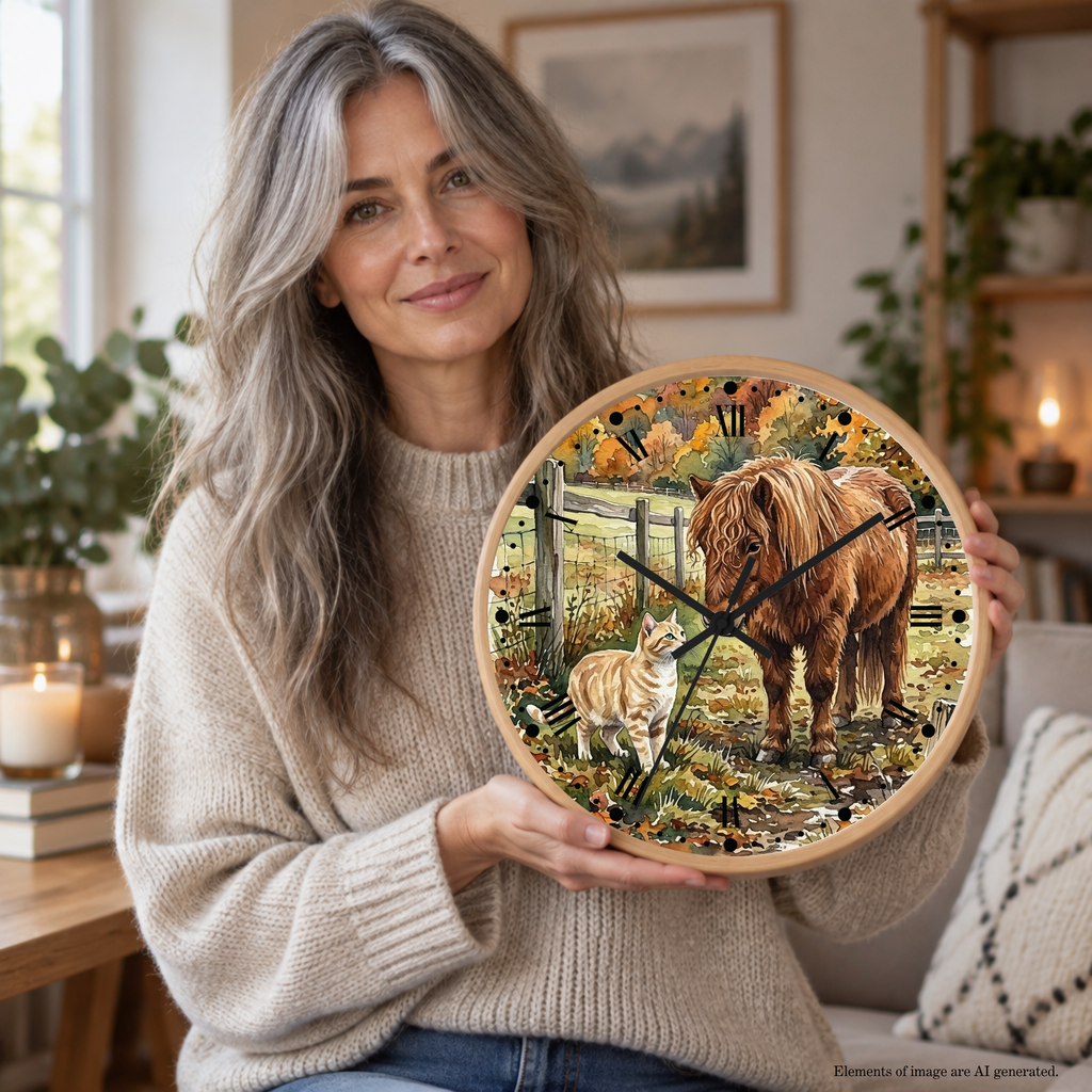 A woman with long gray hair holds a round wooden wall clock featuring an illustration of a brown horse and a cat in a fall-colored field. She is wearing a beige knit sweater in a cozy, sunlit living room.
