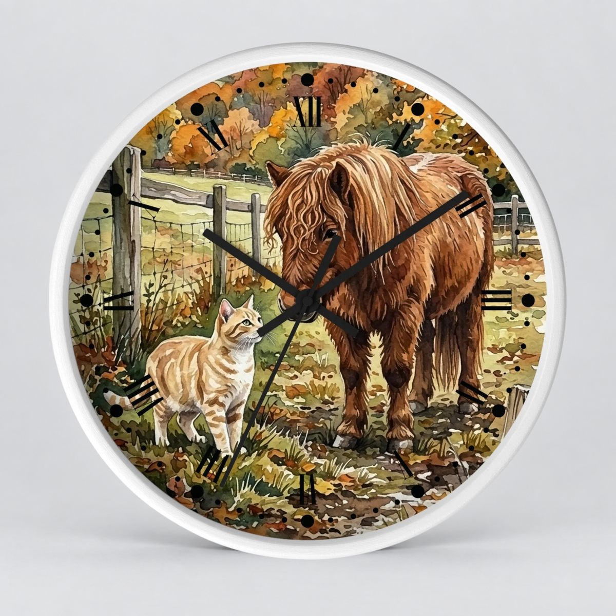 Pony and Tabby Cat Farmhouse Wood Wall Clock