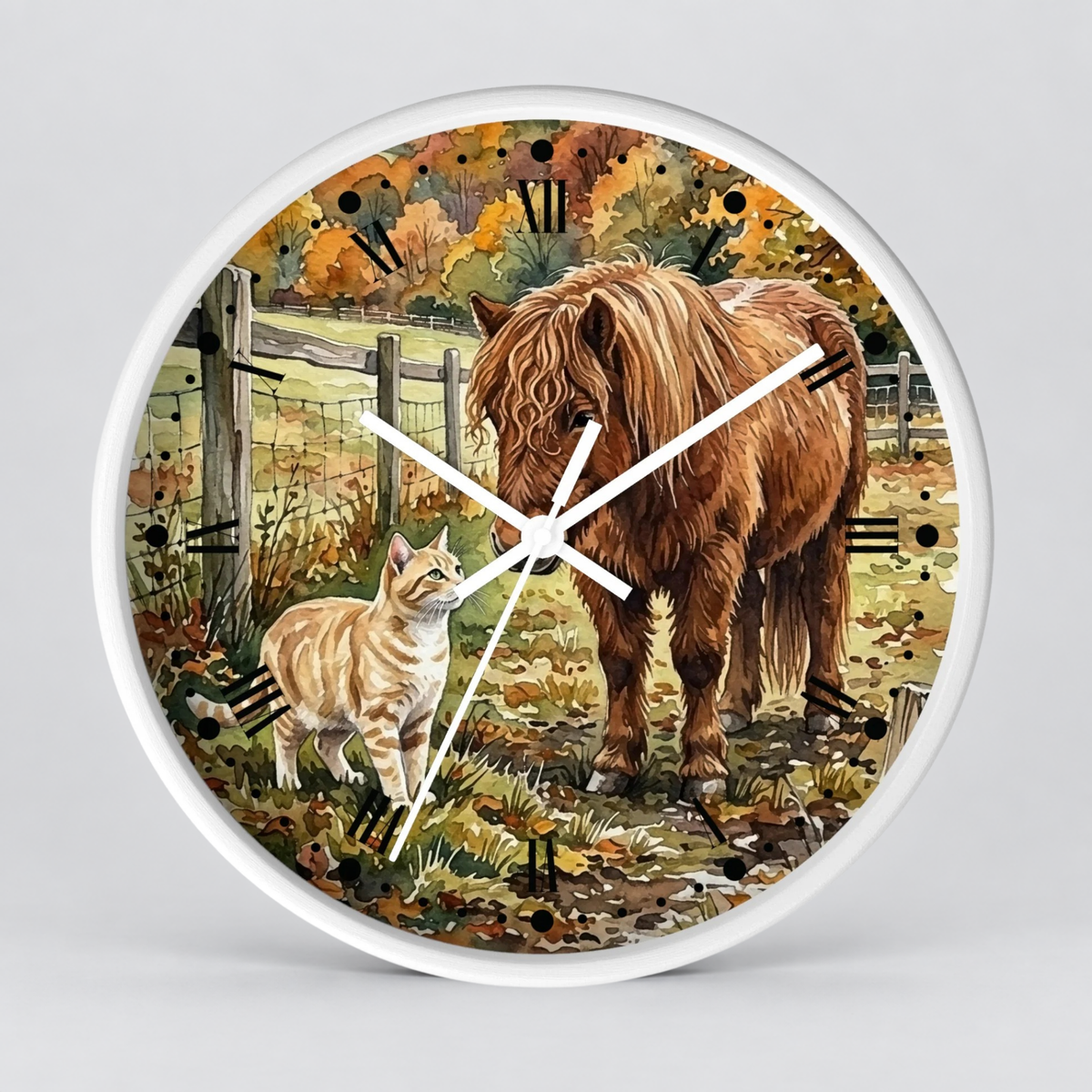 Pony and Tabby Cat Farmhouse Wood Wall Clock