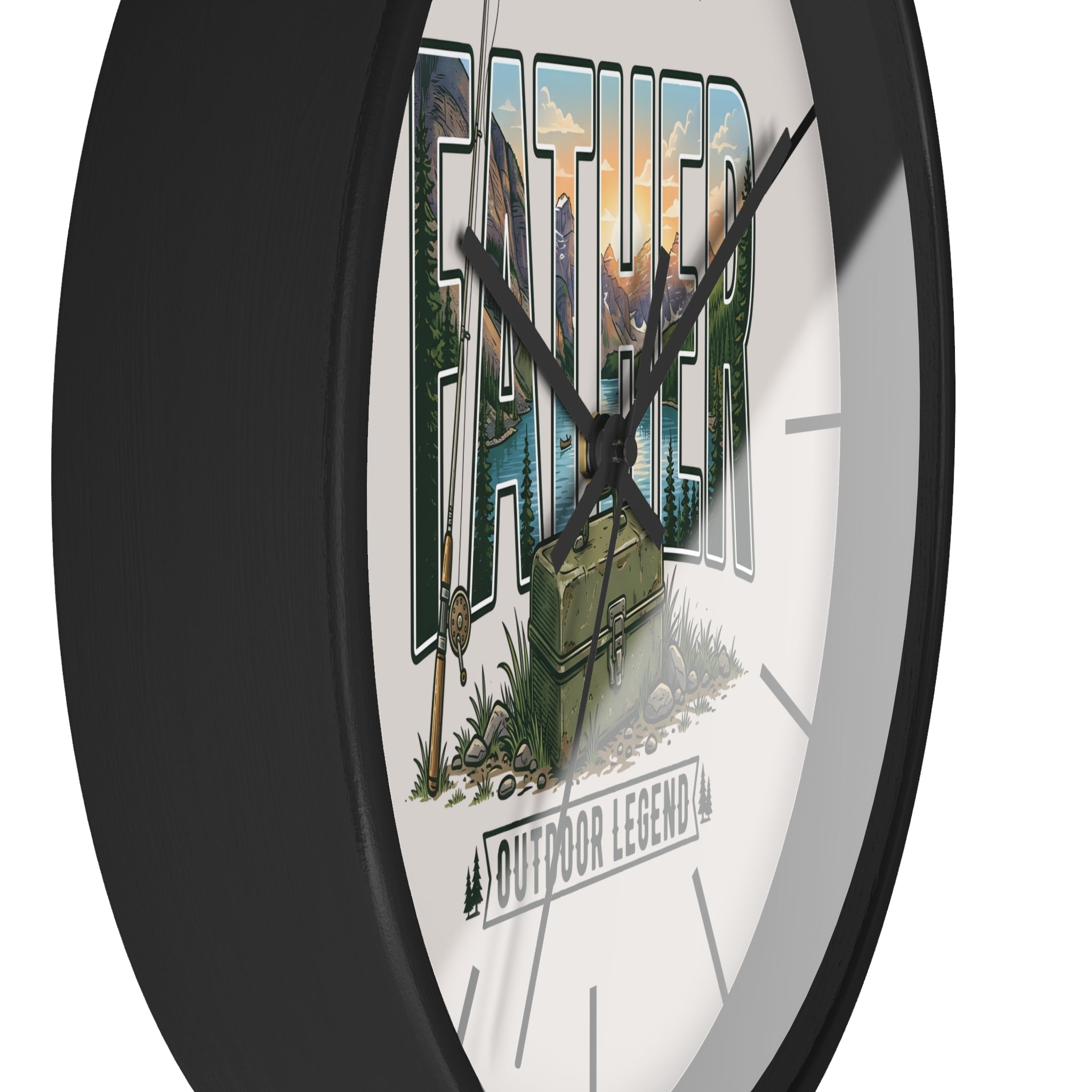 Side of a round black wall clock with 'Father' text and outdoor-themed design on a white background