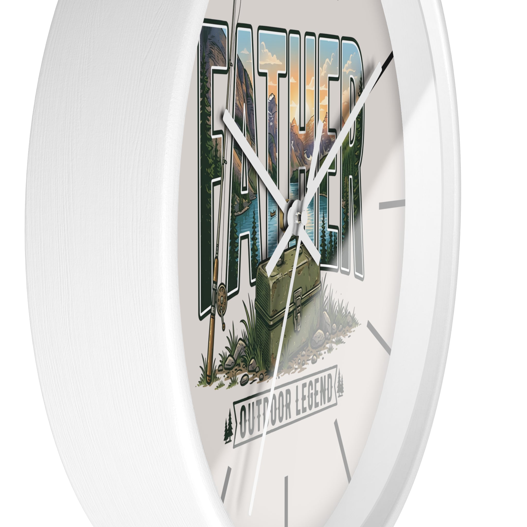 Side view of a round white wall clock with white hands and nature-themed design and text 'Father of Our Legend' on a white background