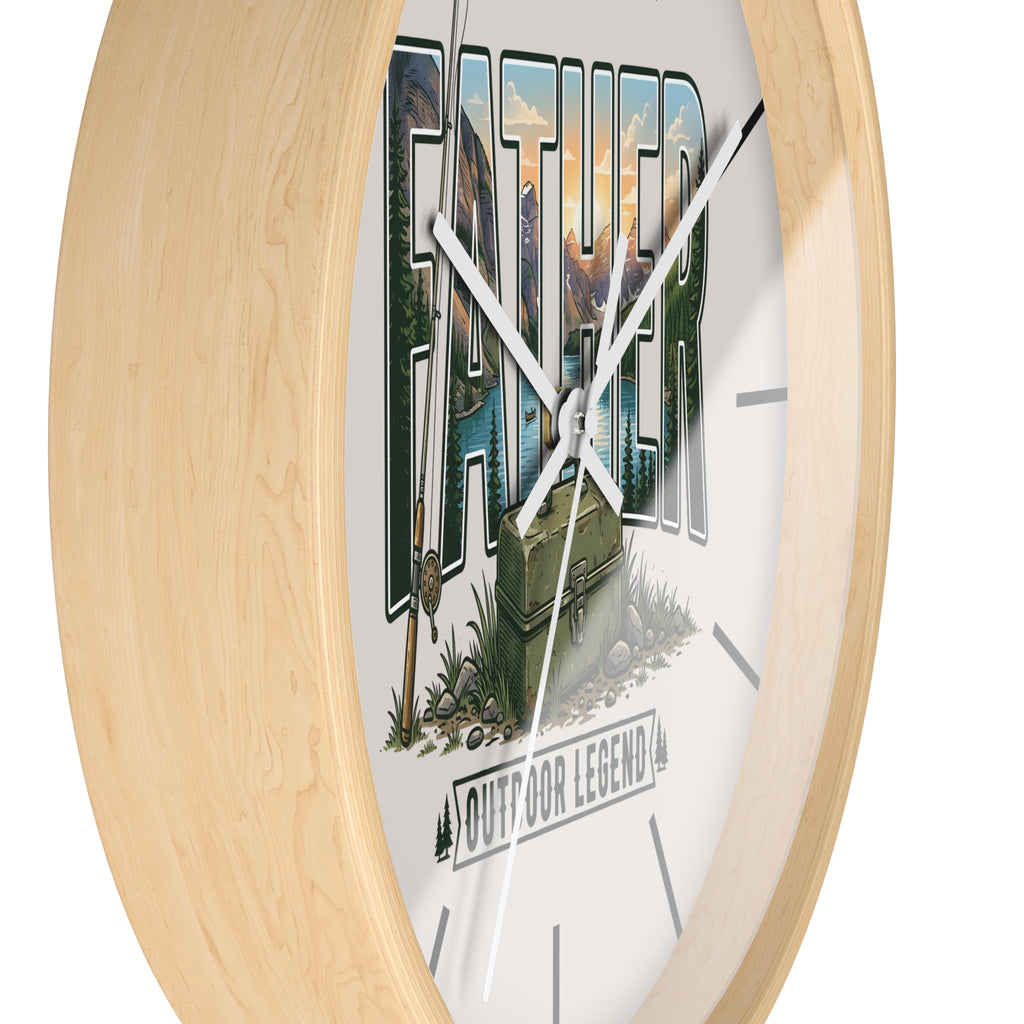 Side view of a wood wall clock with white hands and a design of mountains, trees, and text 'Father Outdoor Legend'