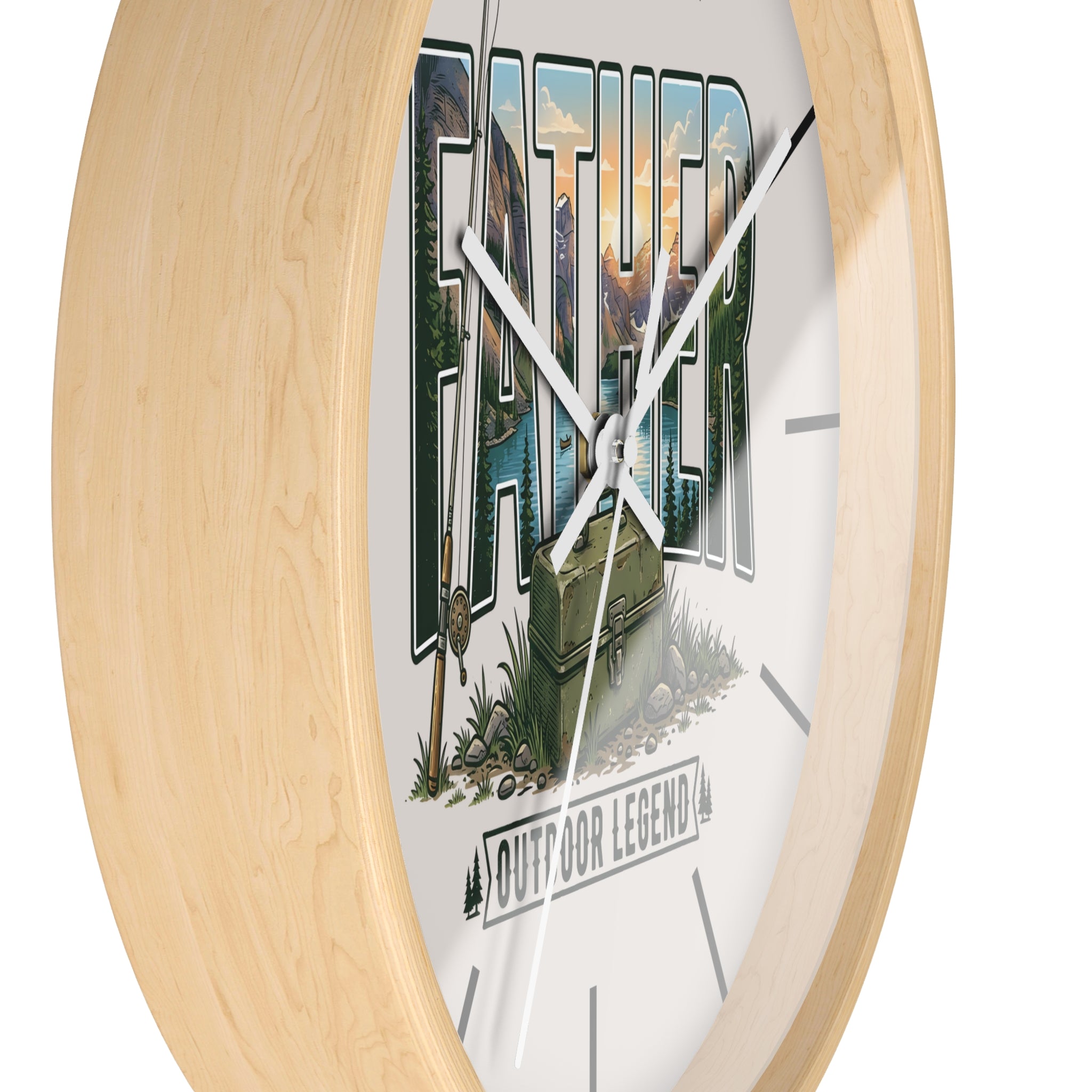 Side view of a wood wall clock with white hands and a design of mountains, trees, and text 'Father Outdoor Legend'