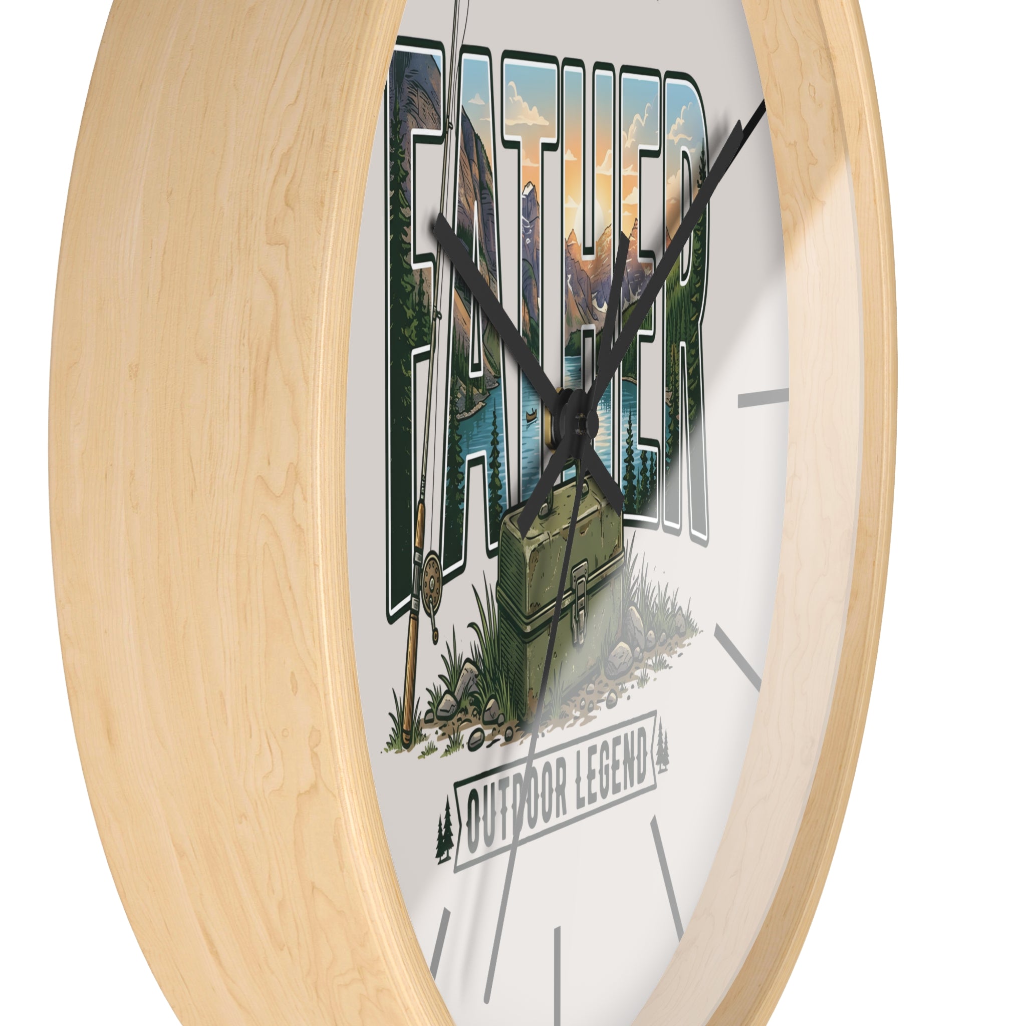 Side view of a round wood wall clock with black hands and  'Father Outdoor Legend' and outdoor-themed design on a white background