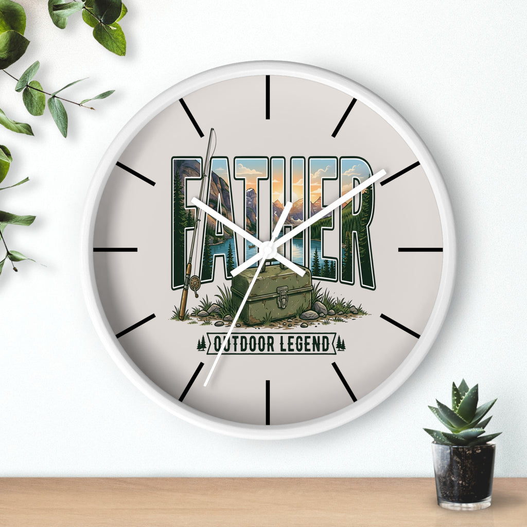 Round white wall clock with white hands and  'Father Outdoor Legend' design on a white background
