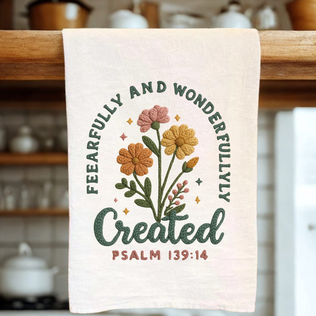 Tea towel with floral design and text 'Fearfully and Wonderfully Created Psalm 139:14' hanging on a wooden rack.