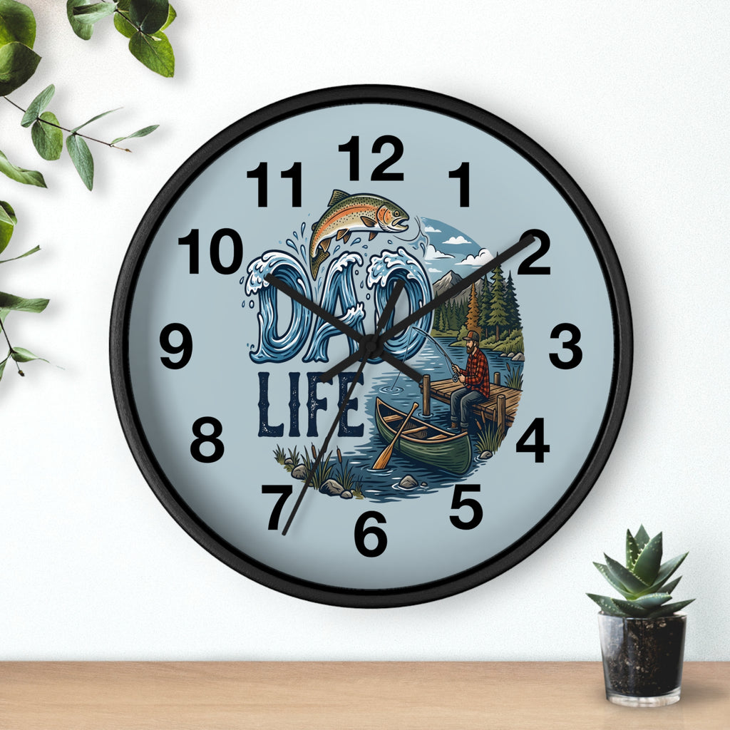 Wall clock with nature-themed design and 'Dad Life' text on a light blue background.