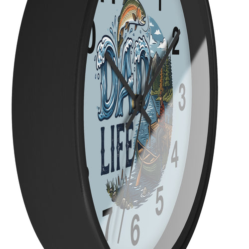Wall clock with a design of a fish, wave, and 'Dad Life' text on a white background