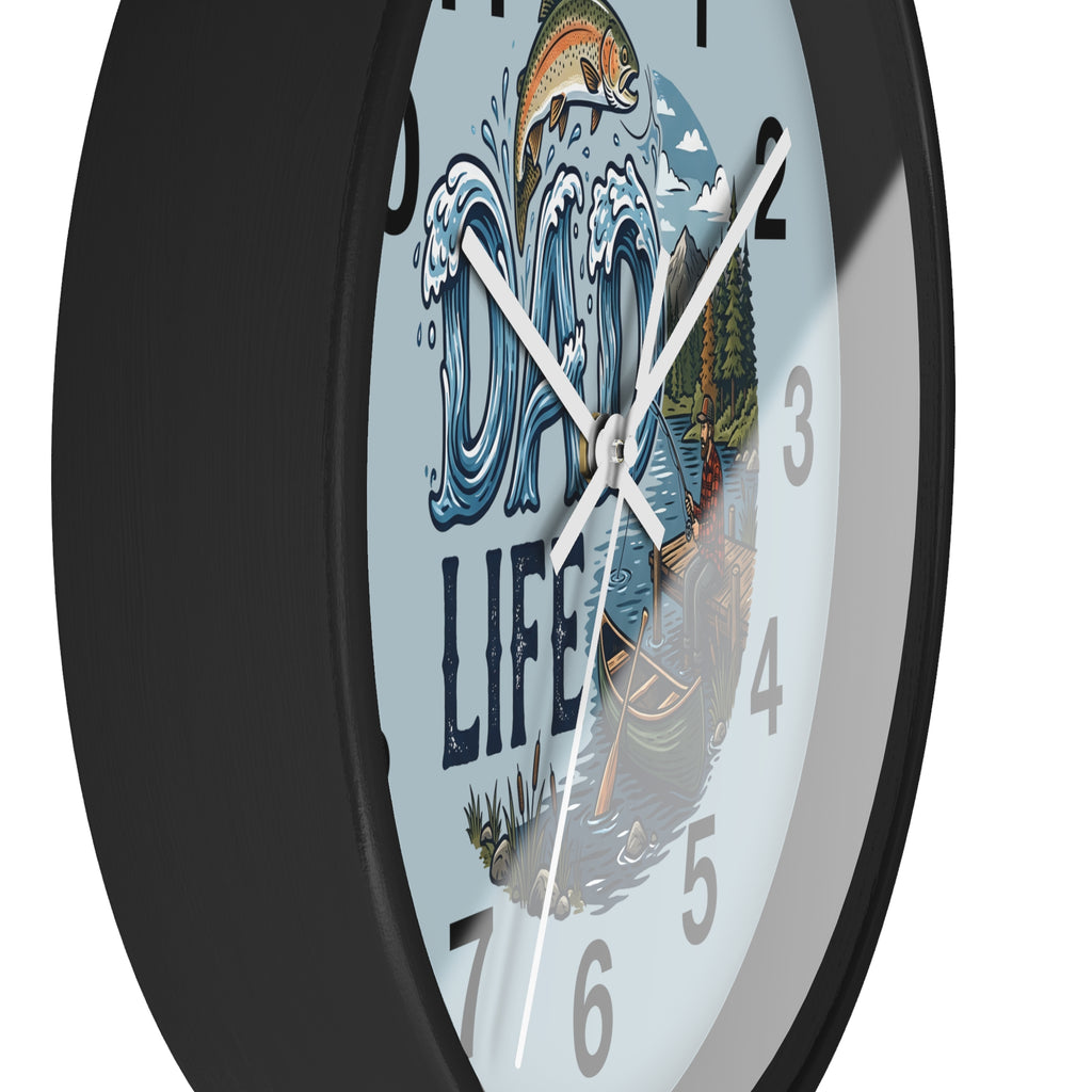 Father's Day Round clock with 'Dad Life' design  of a man fishing on a lake on a white background