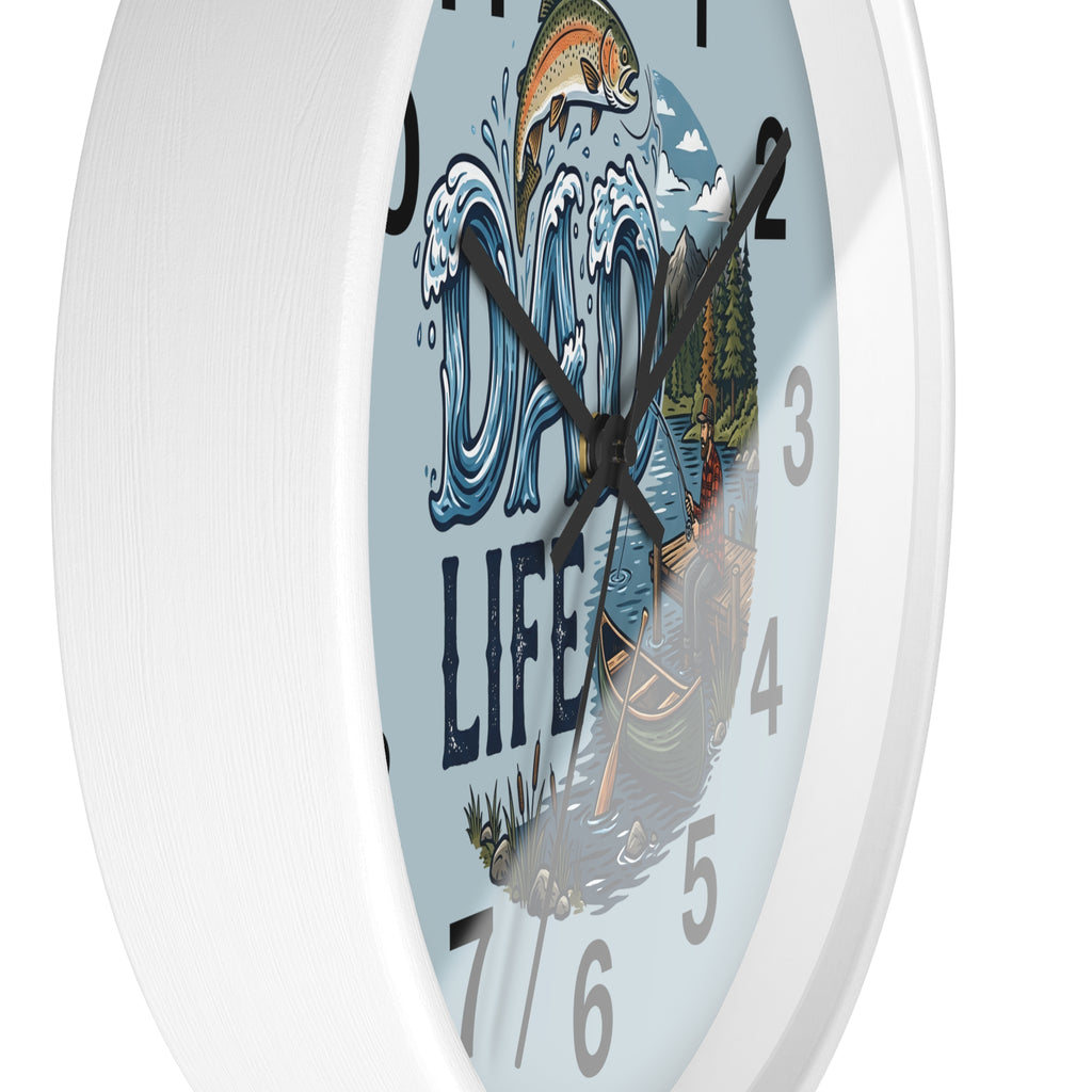 White Wall clock with a design of a fish, waves, and the text 'Dad Life' on a light blue background.