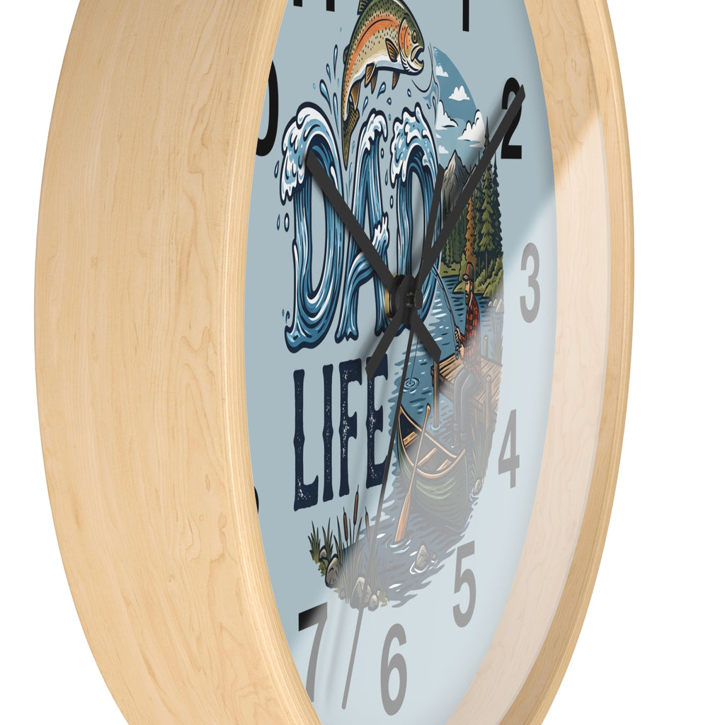 Side view of a wooden wall clock with a fishing-themed design on a light blue background