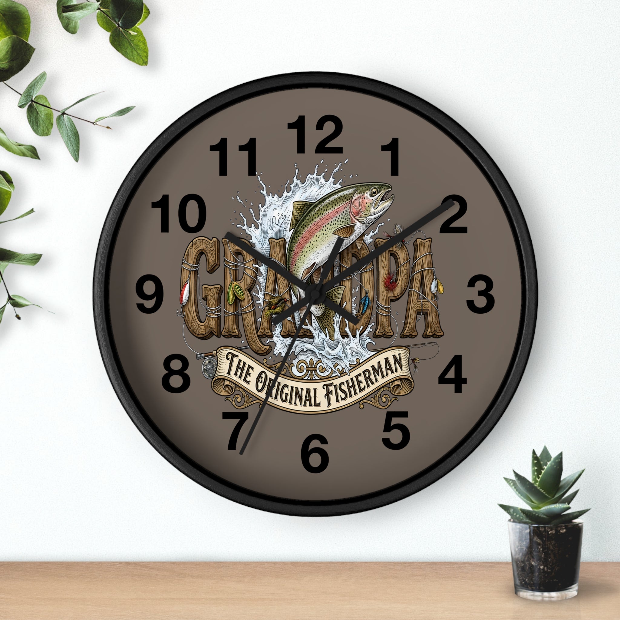 Wall clock with a fish design and 'Grandpa' text on a brown background.