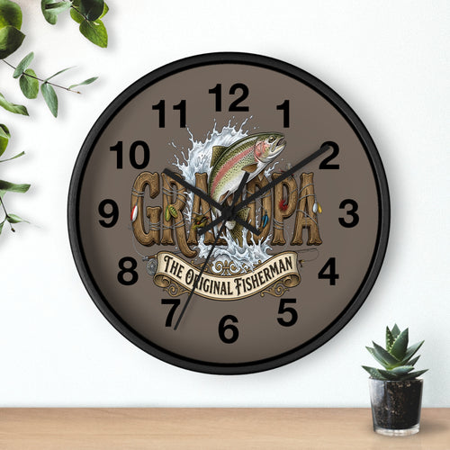 Wall clock with a fish design and 'Grandpa' text on a brown background.
