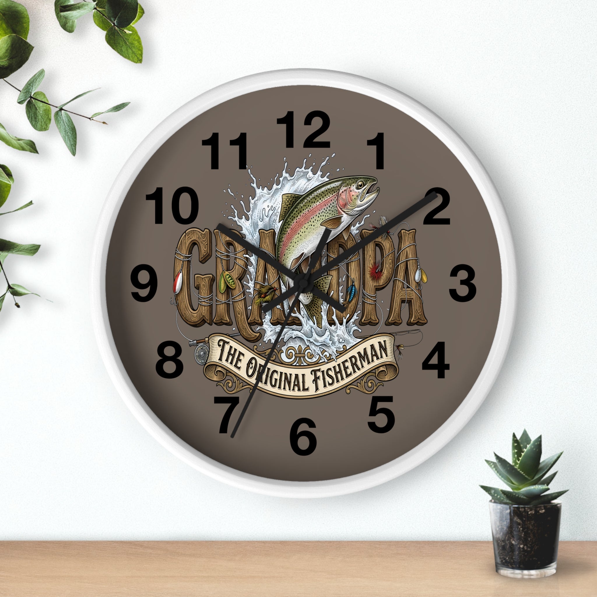 Wall clock with fish design and 'Grandpa' text on a white background