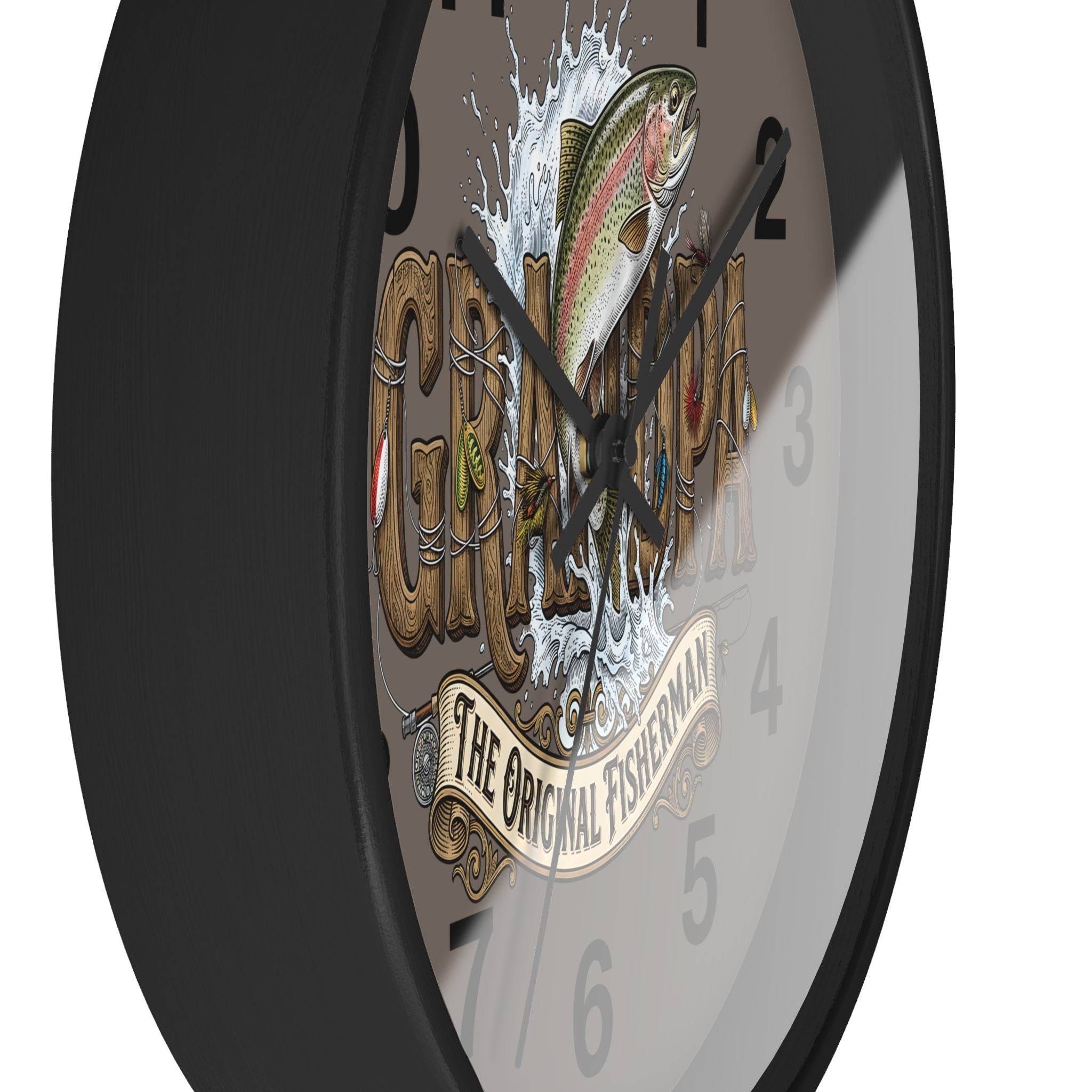 Wall clock with fish design and 'The Original Fisherman' text on a white background