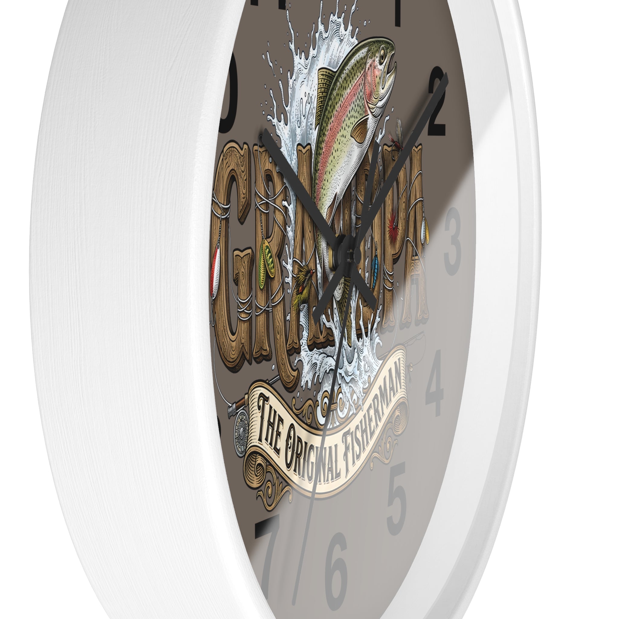 Side view of a wall clock with fish design and text on a white background