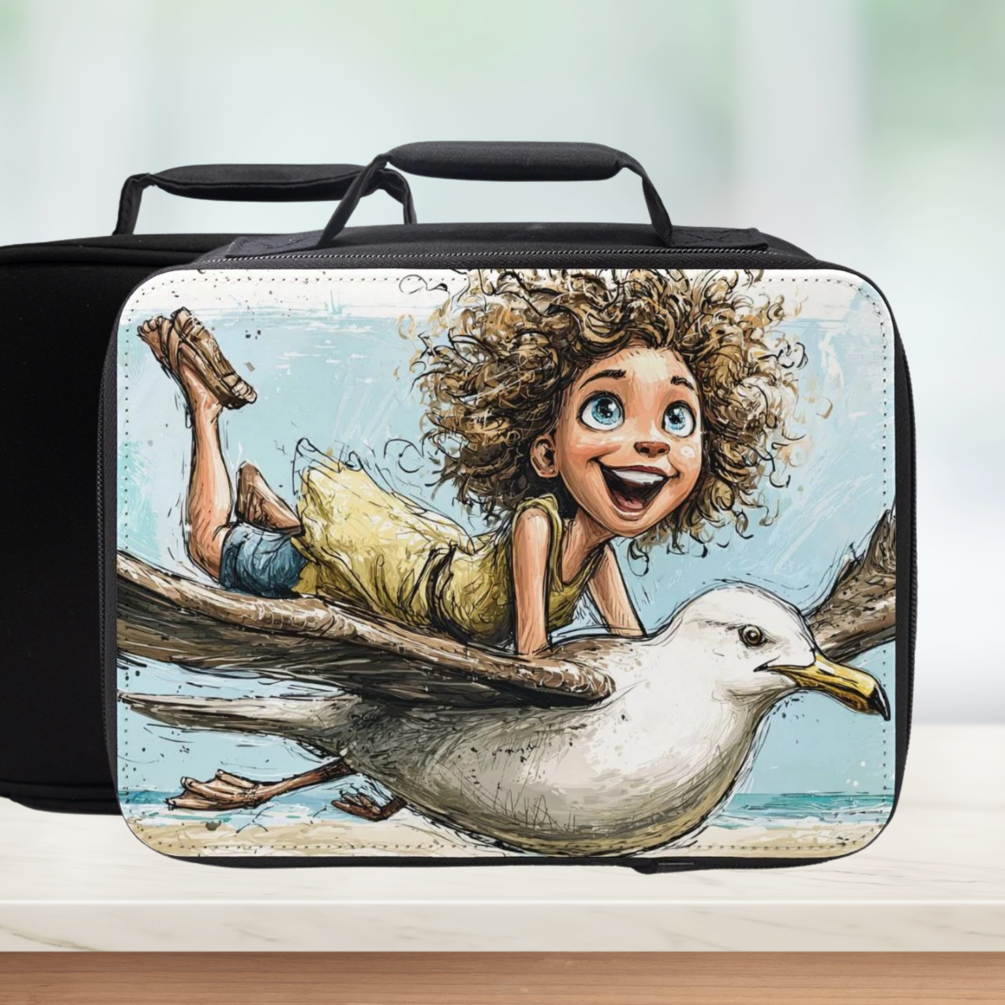 Lunch bag with a design of a girl riding a seagull on a beach