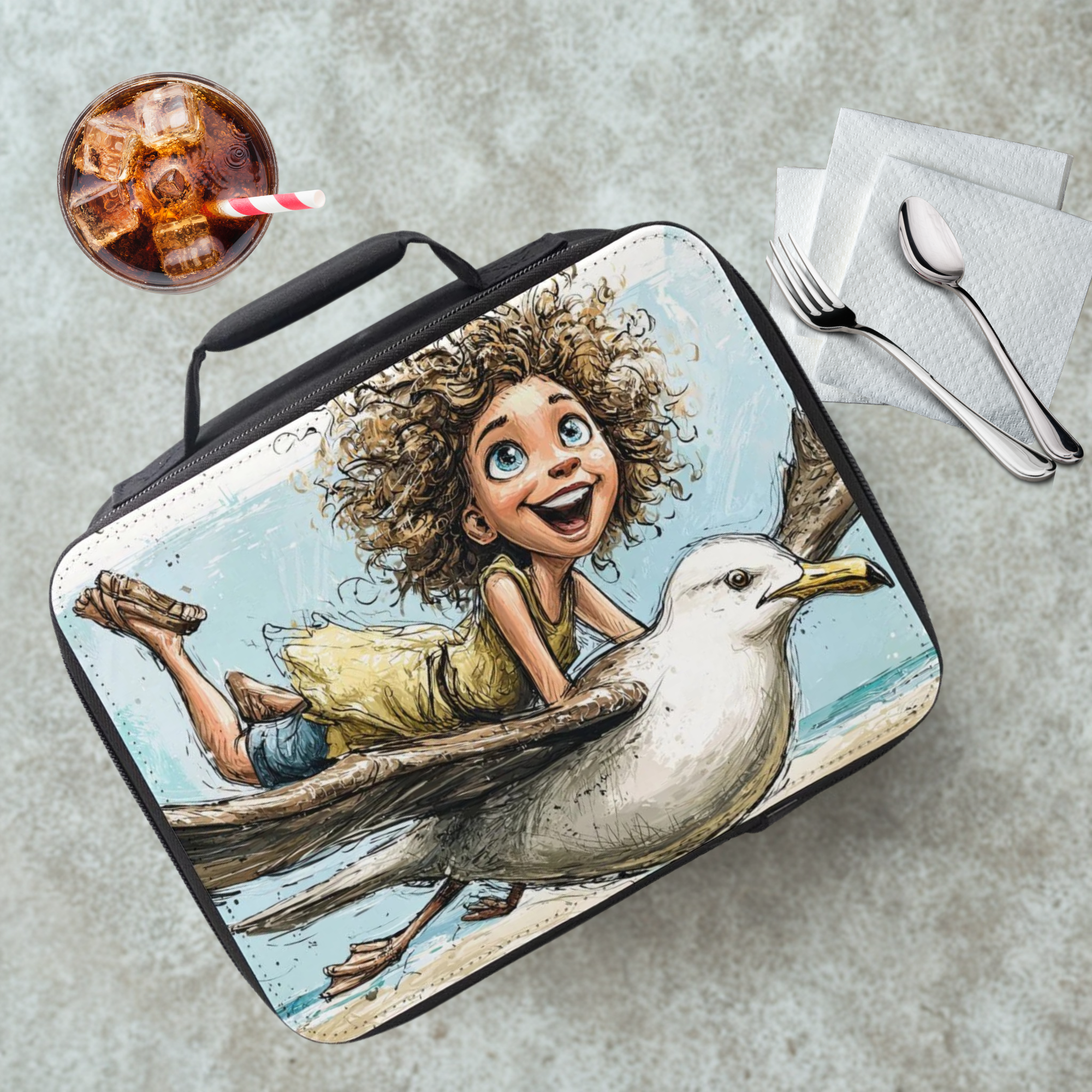  insulated lunch bag with a cartoon design of a girl riding a seagull, placed on a table with a drink and utensils.
