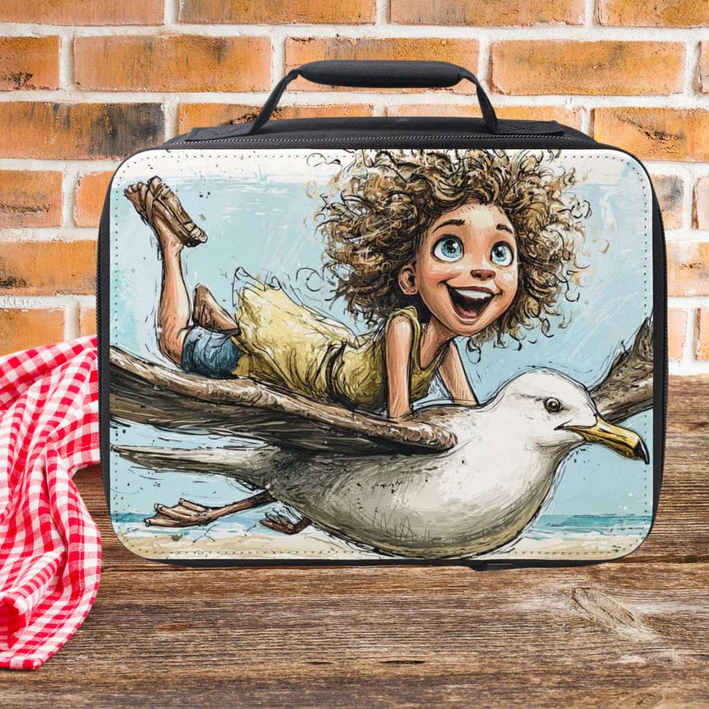 Lunch bag with a cartoon design of a girl riding a seagull against a brick wall background