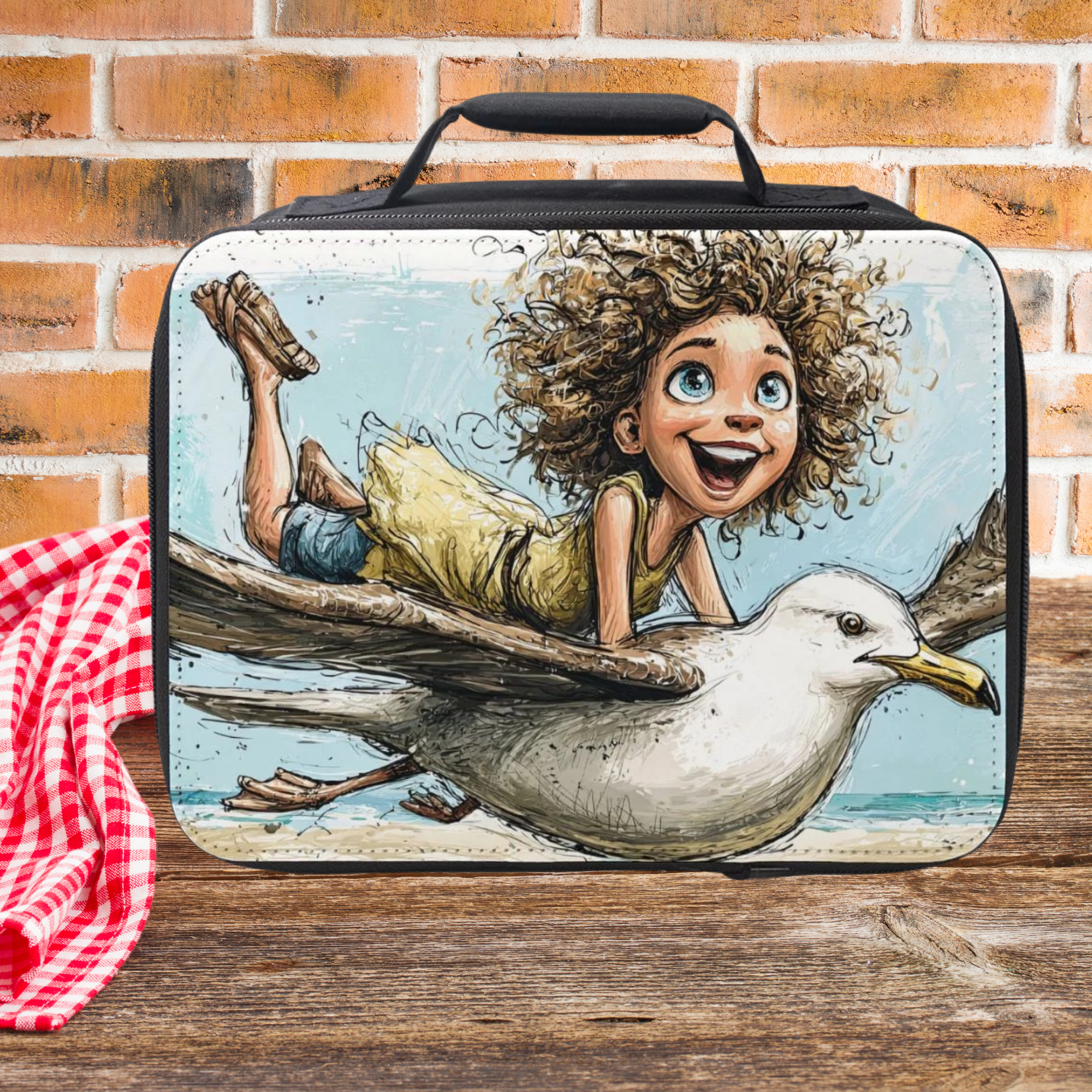 Lunch bag with a cartoon design of a girl riding a seagull against a brick wall background