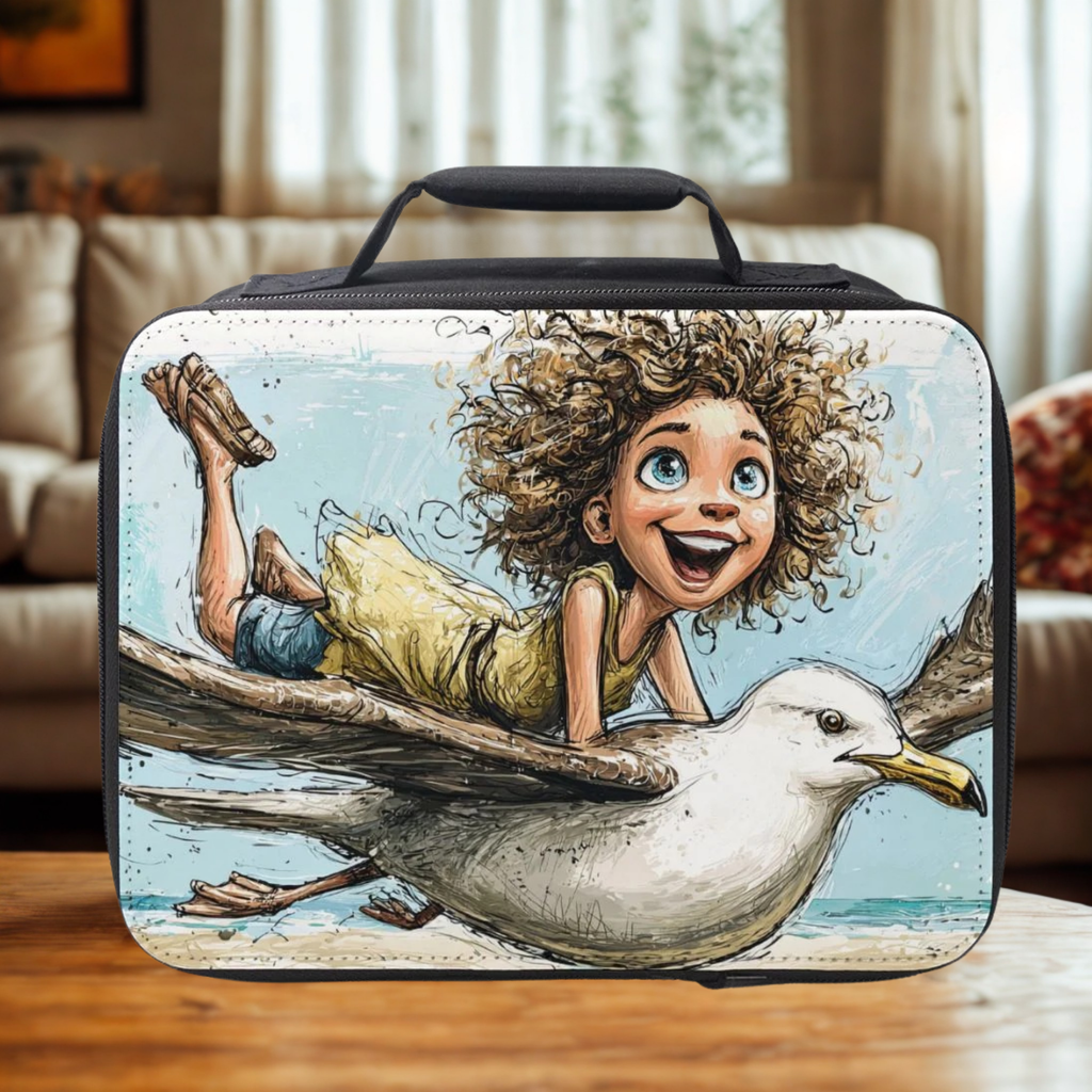 Lunch bag with a design of a child on a seagull, placed on a wooden surface.