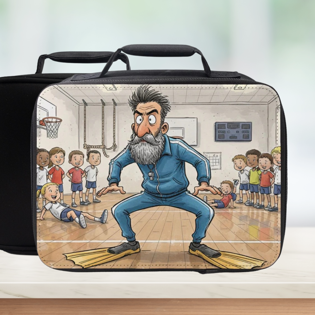 Lunch bag with a cartoon design of a gym teacher and students in a gymnasium classroom.
