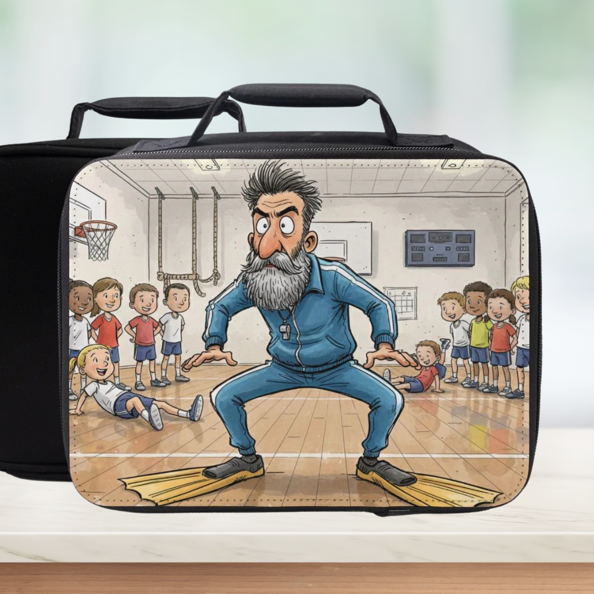 Lunch bag with a cartoon design of a gym teacher and students in a gymnasium classroom.
