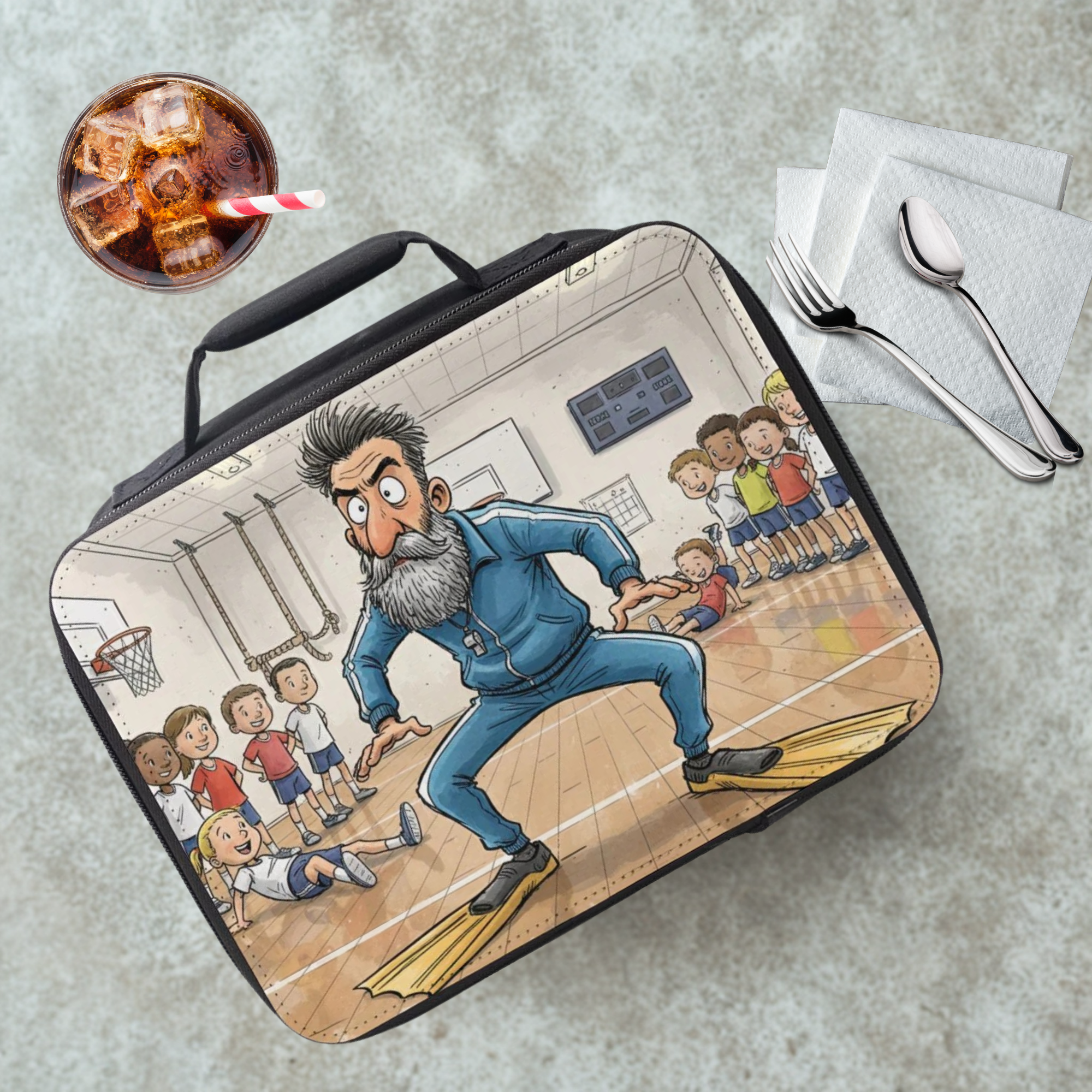 Lunch bag with a cartoon design of a teacher and students on a cafeteria table next to a drink and utensils.