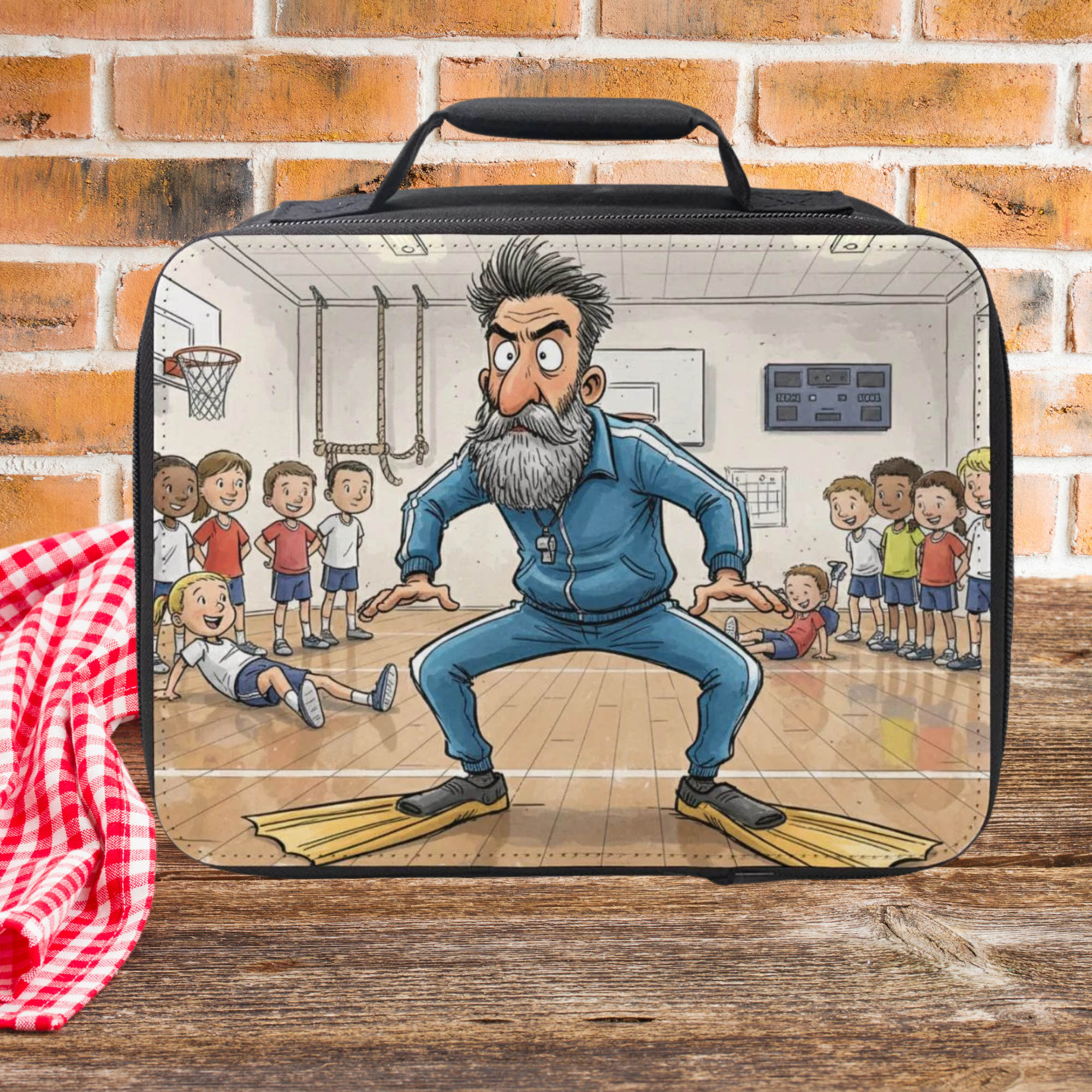 Lunch bag with a cartoon design of a gym coach in a school setting on a wooden picnic table against a brick wall background.