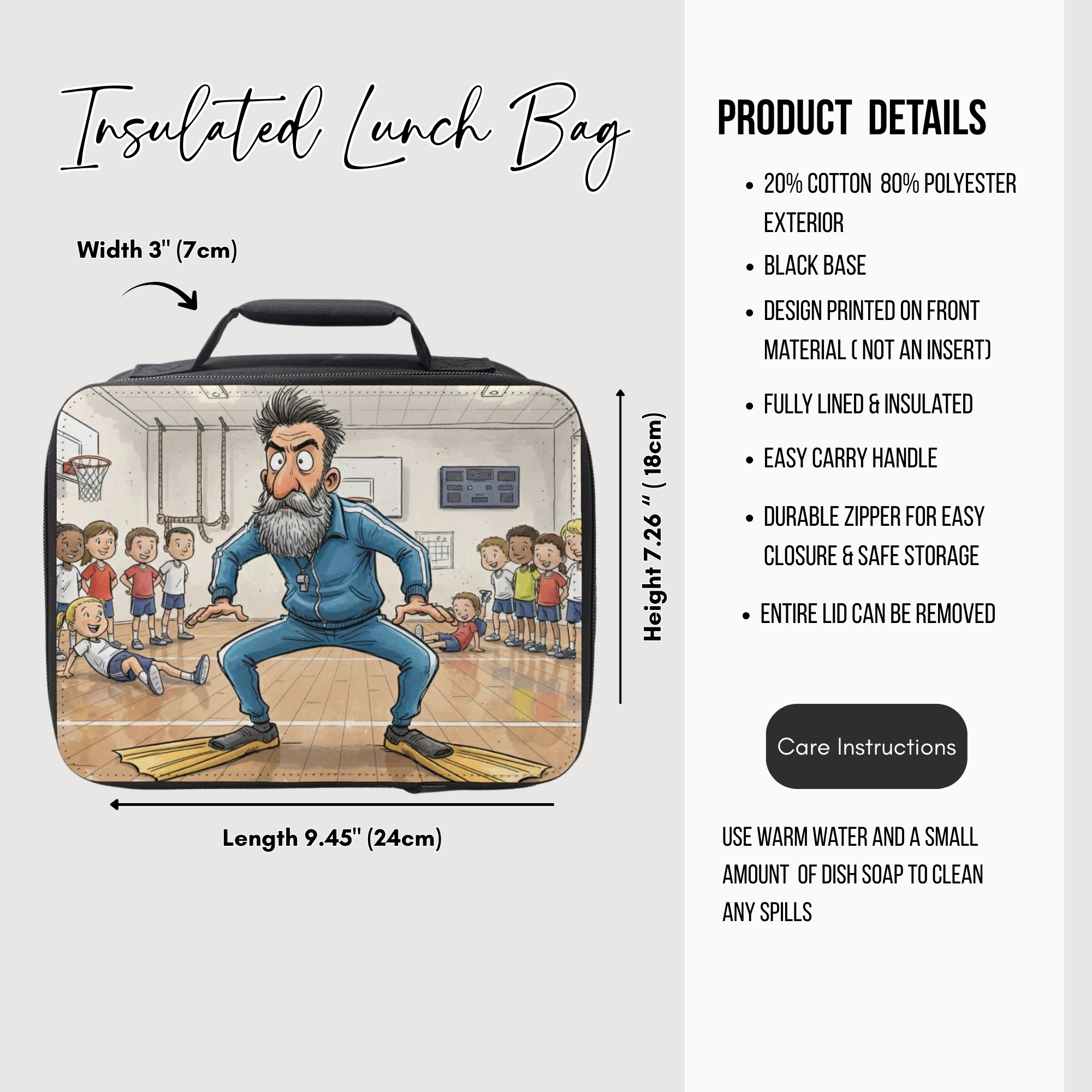 Insulated lunch bag with cartoon design of a teacher and students, featuring product details on a white background.
