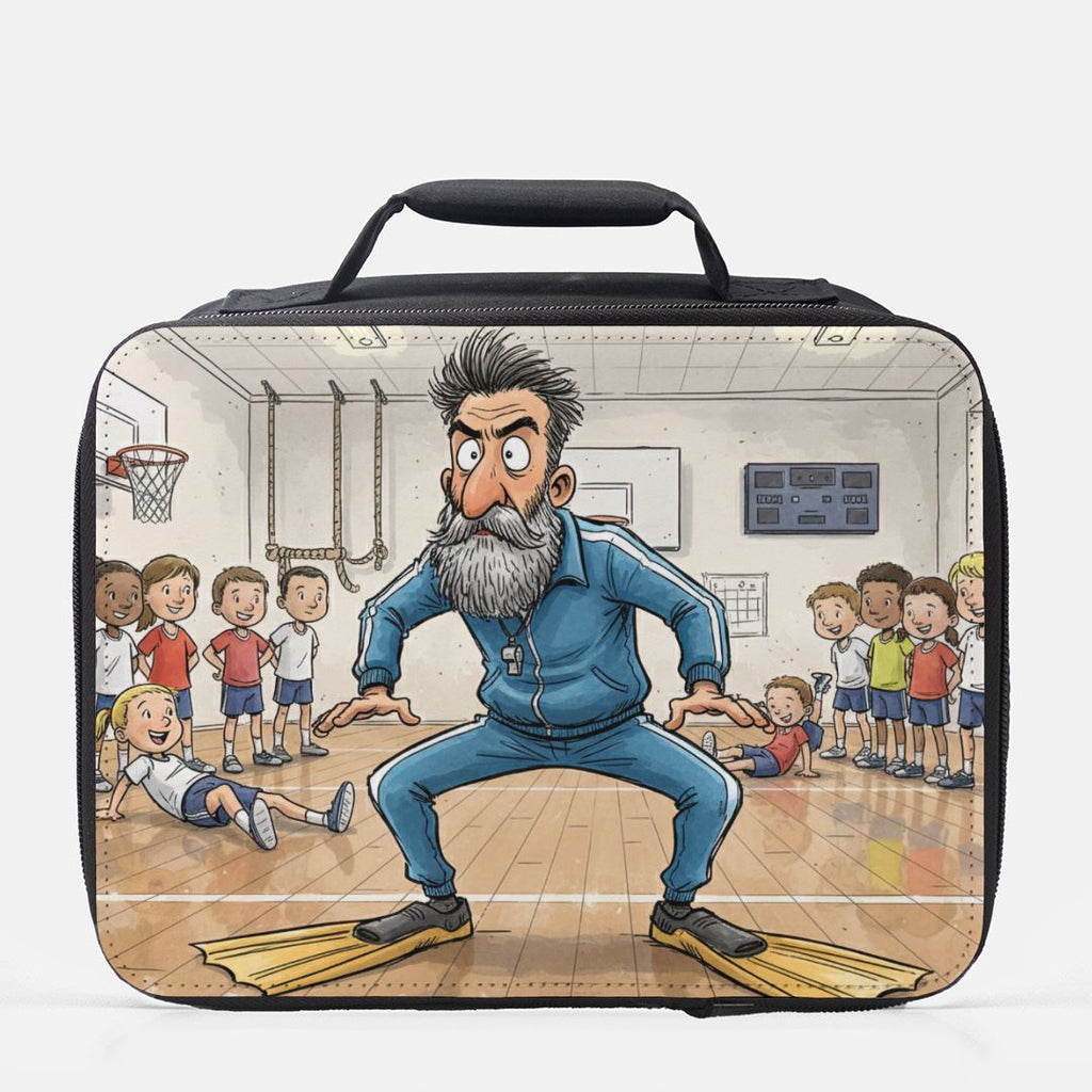  insulated lunch bag with cartoon design of a man in a gymnasium with children