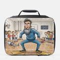  insulated lunch bag with cartoon design of a man in a gymnasium with children