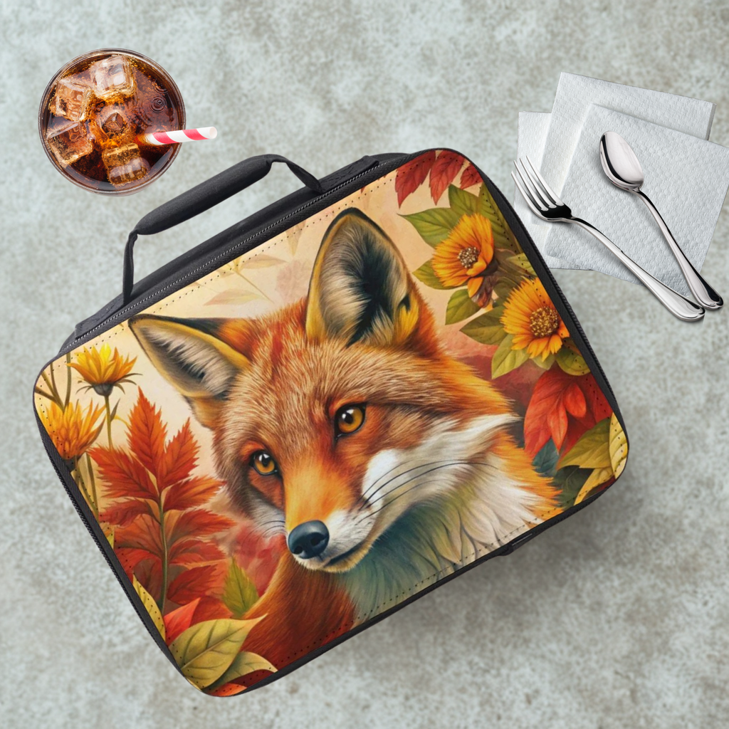 Lunch bag with a fox design on a table with a drink and utensils.
