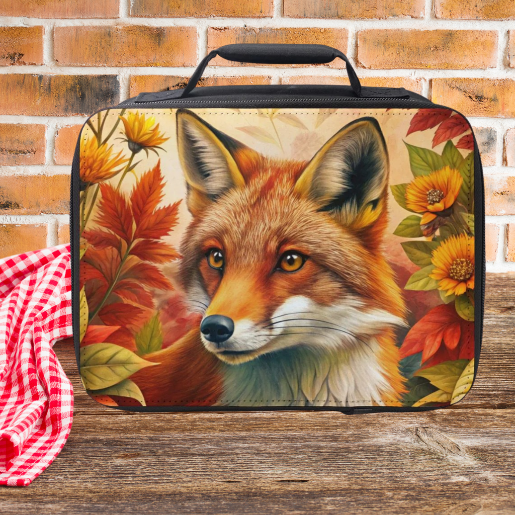 Lunch bag with a fox design on a wooden picnic table against a brick wall background