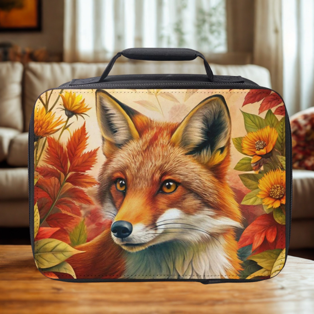  insulated lunch bag with a fox design on a wooden coffee table in a cozy living room.