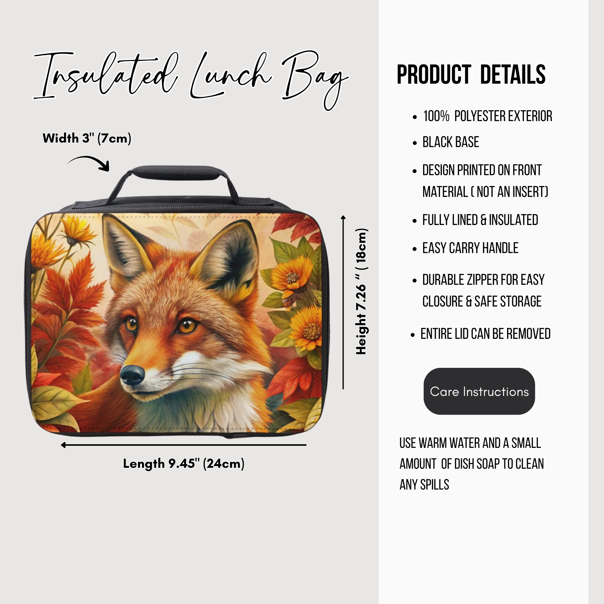 Insulated lunch bag with fox design and product details on a white background