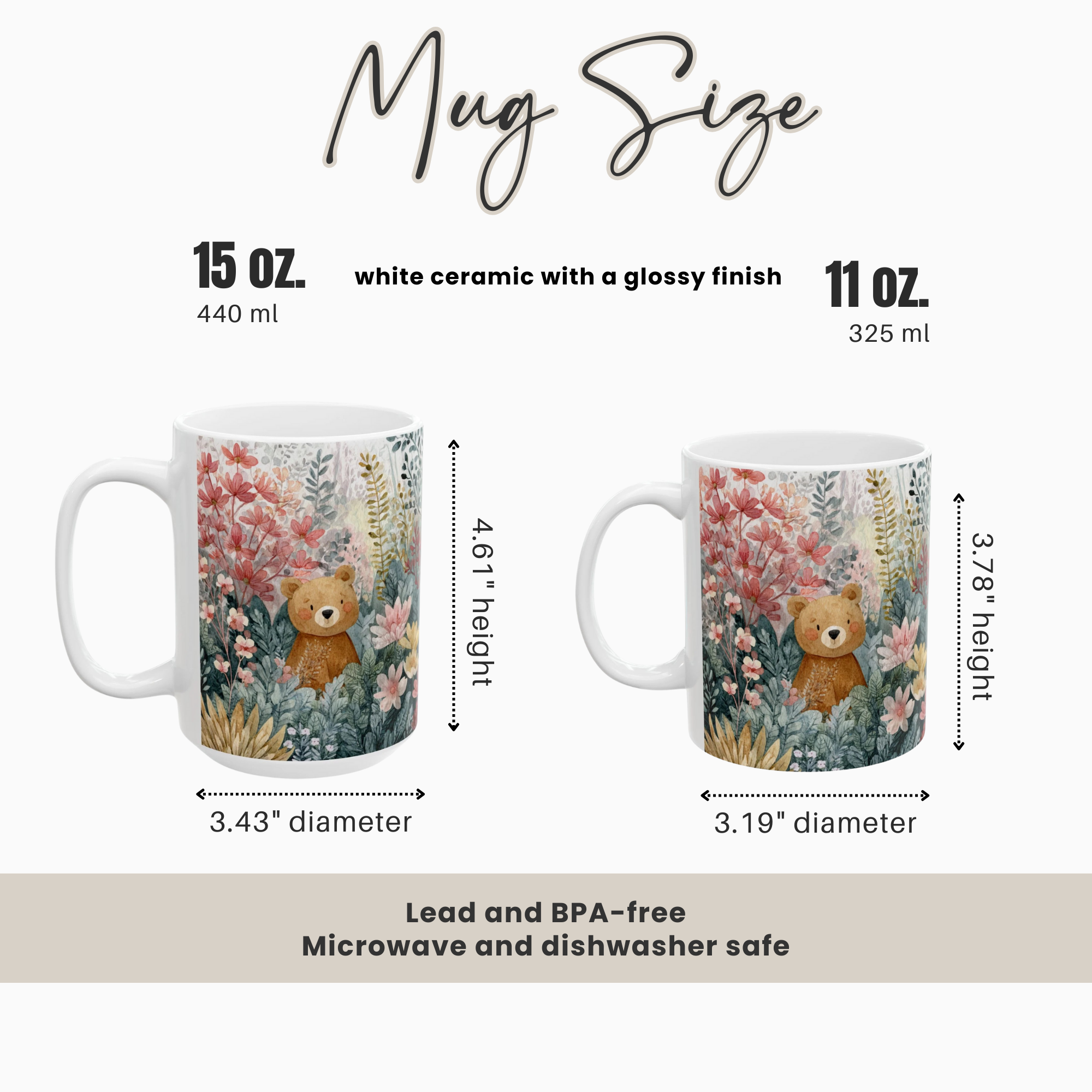 Two mugs with teddy bear designs and measurements on a white background