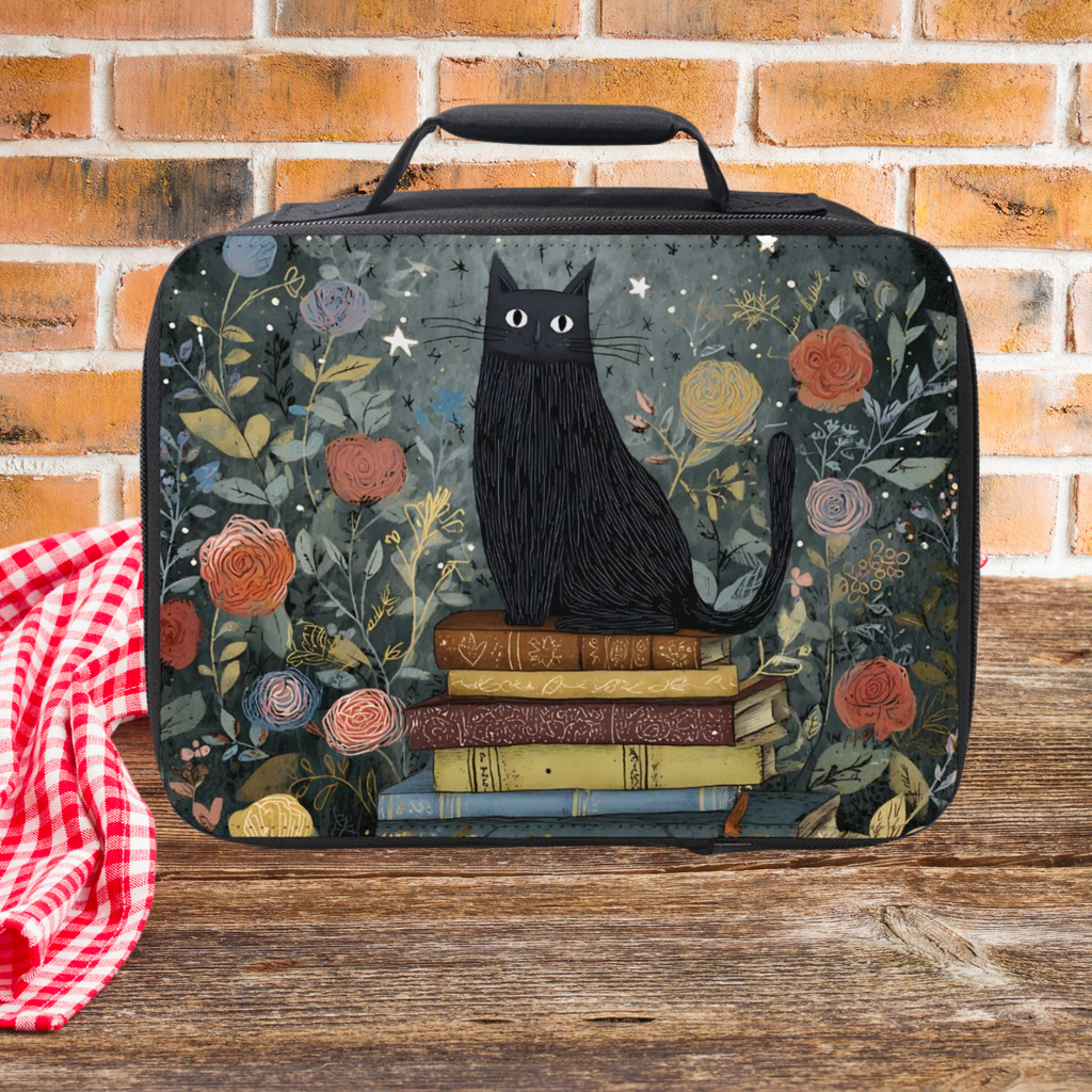 Lunch bag with a black cat design on a wooden picnic table and brick wall background