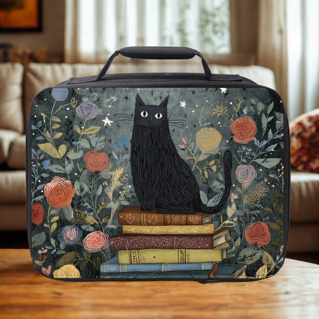  insulated lunch bag with a black cat and floral design on a wooden table in a cozy living room.